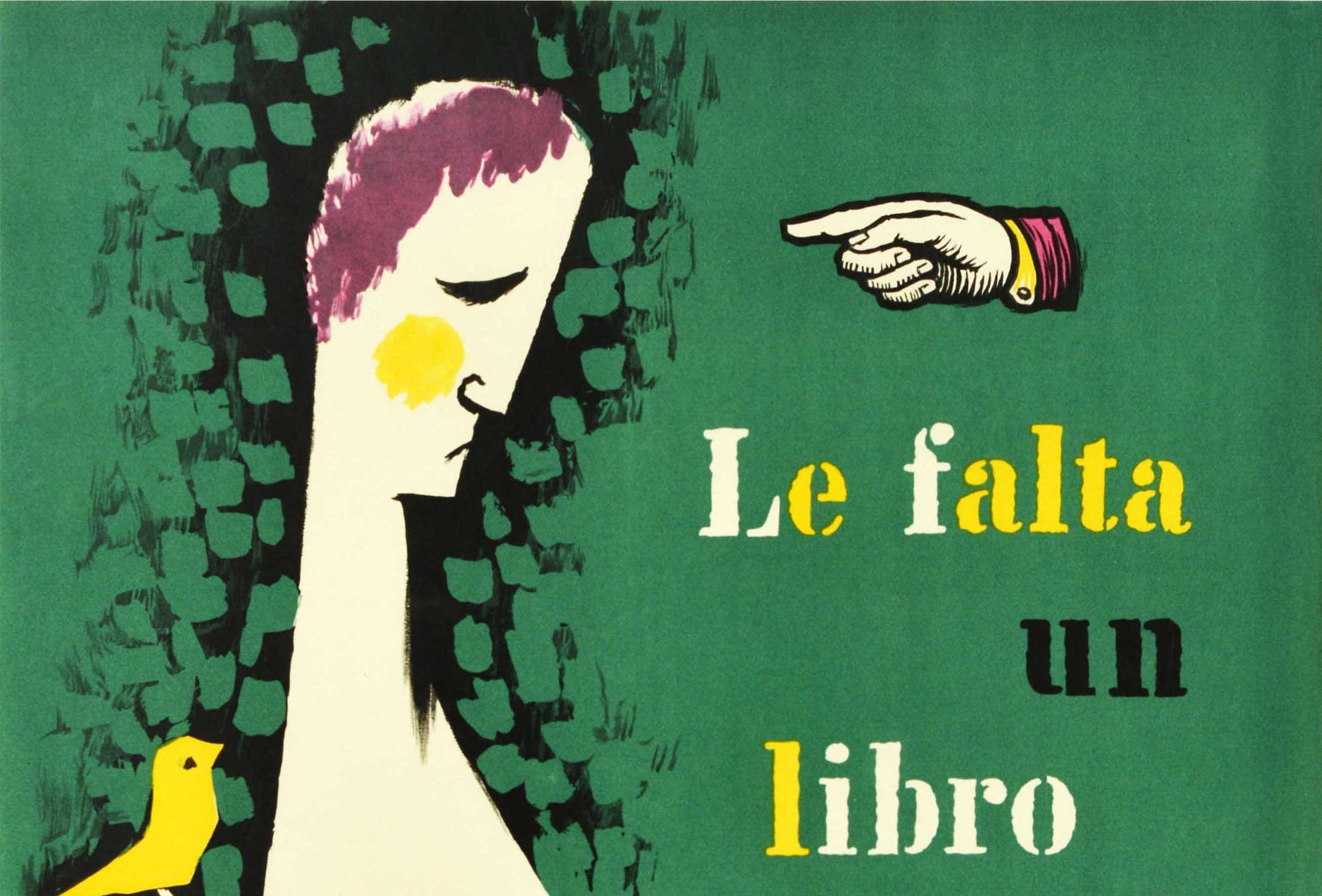 Original vintage poster - Le falta un libro / A book is missing - featuring a great illustration by the Spanish artist and graphic designer Ricard Giralt-Miracle (1911-1994) depicting a hand above the colourful lettering pointing at a sad man