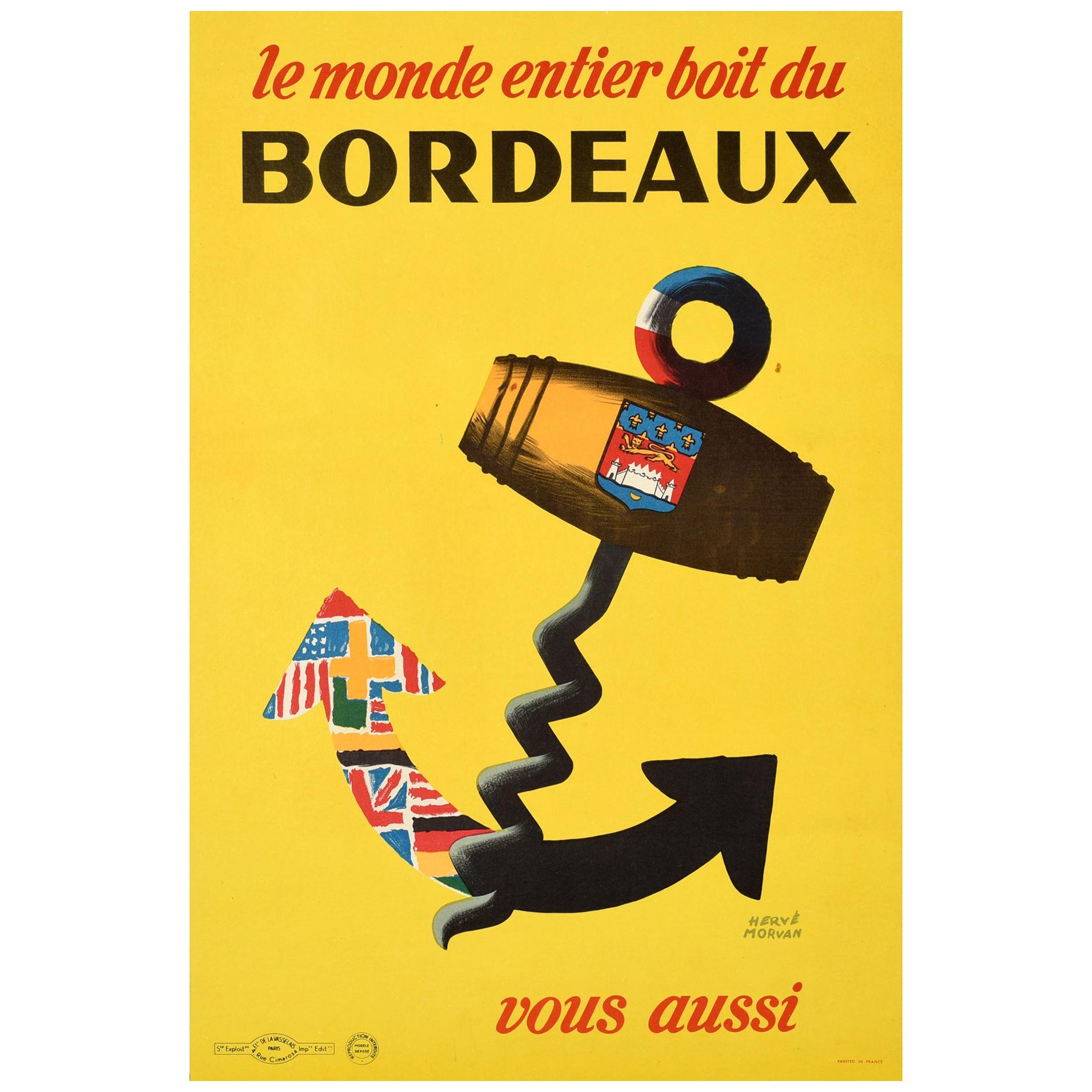 Original Vintage Poster Le Monde Entier Boit Du Bordeaux Wine World Drink France