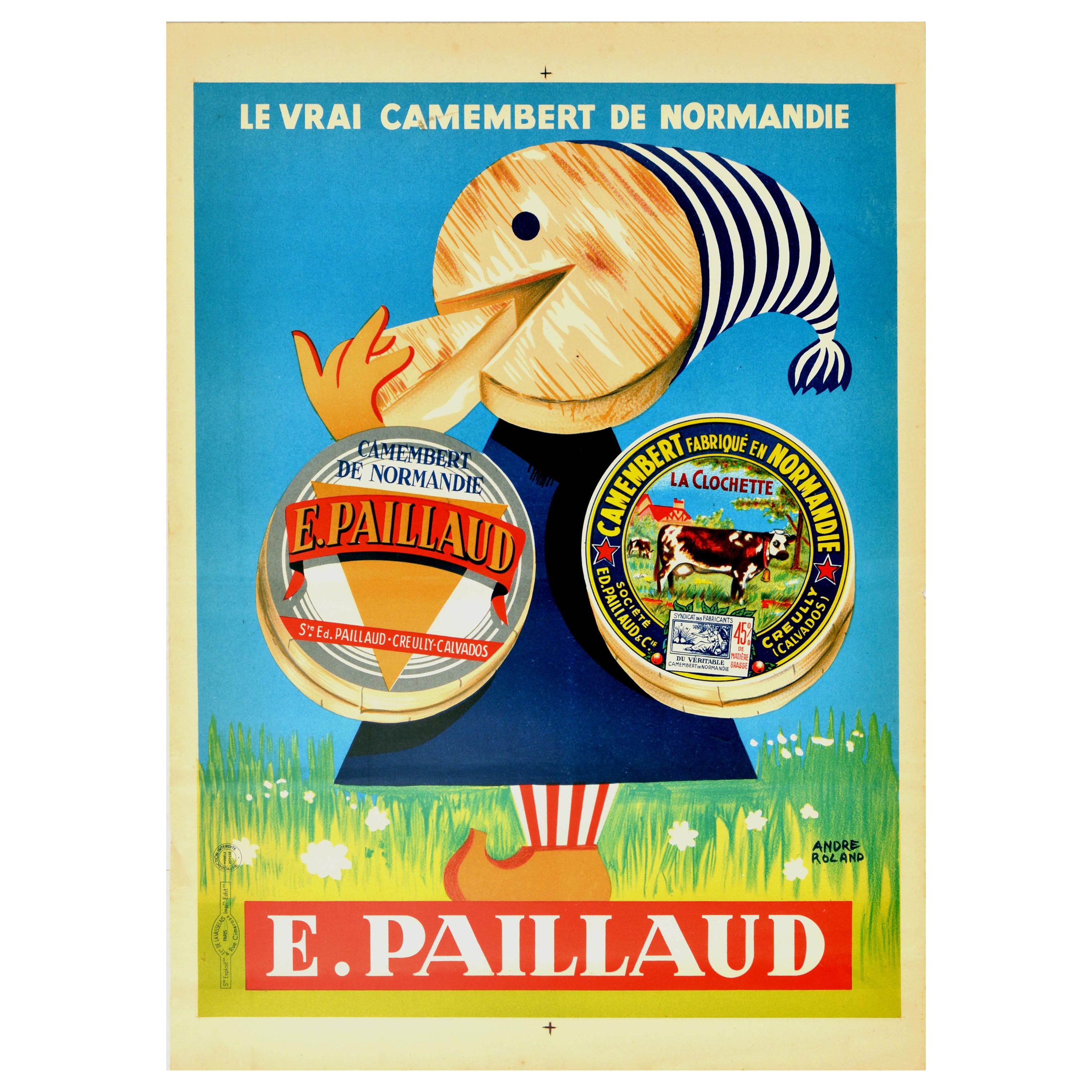 Affiche vintage d'origine Le Vrai Camembert De Normandie Paillaud Cheese Normandy en vente