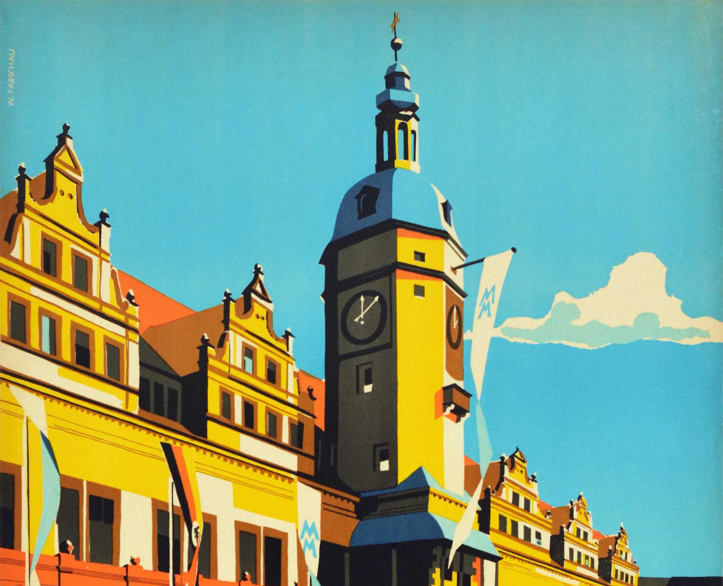Original vintage travel poster for the Leipzig Trade Fair featuring a colourful image depicting people walking to the fair between parked cars in the foreground with flags of the event with the blue MM initials and of the East German Democratic