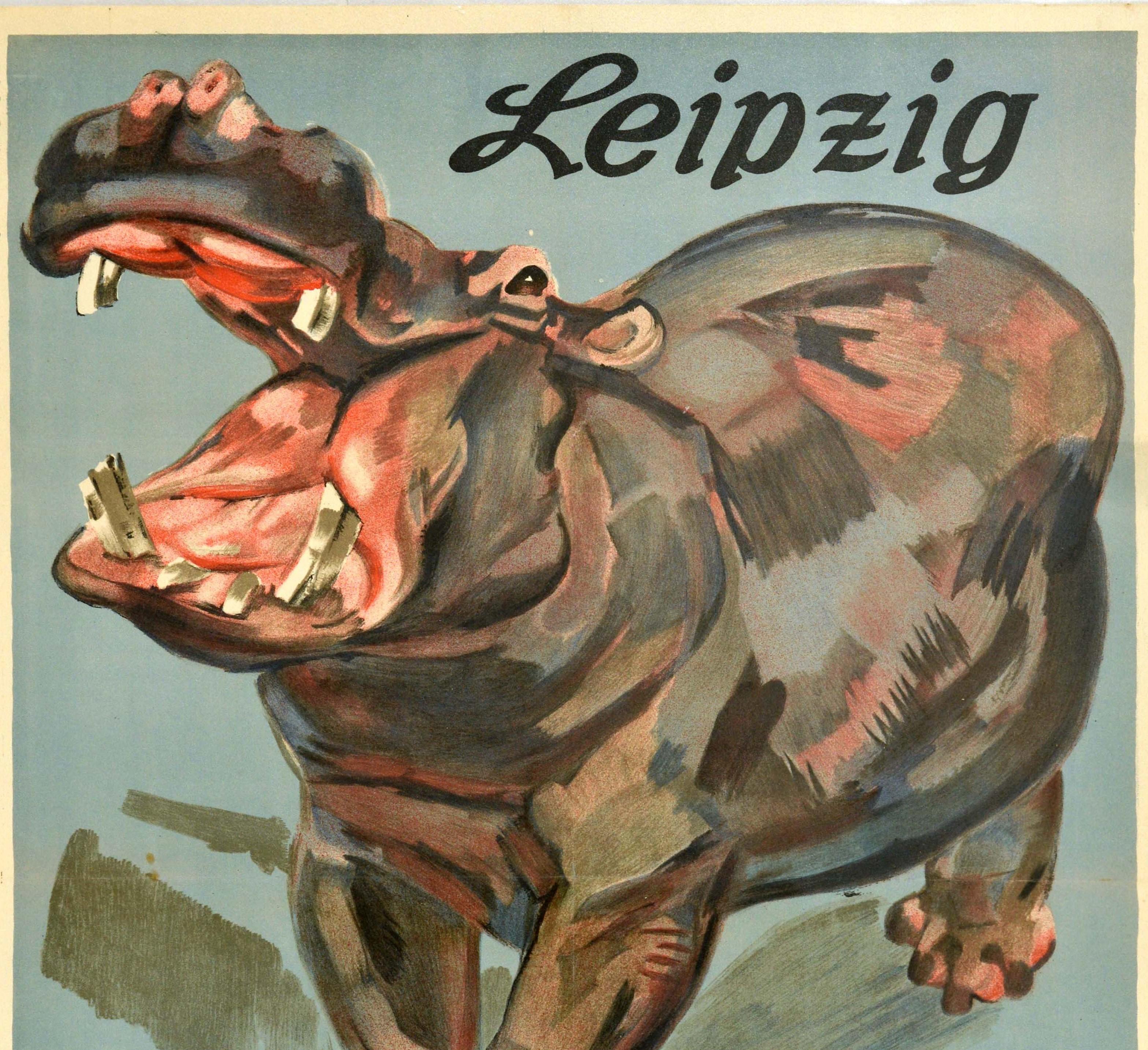 Original vintage travel poster for Leipzig Zoo (opened 1878) in Germany featuring artwork of a hippo with its mouth wide open with the stylised black cursive lettering above and below. Good condition, minor staining, restored folds and paper loss on