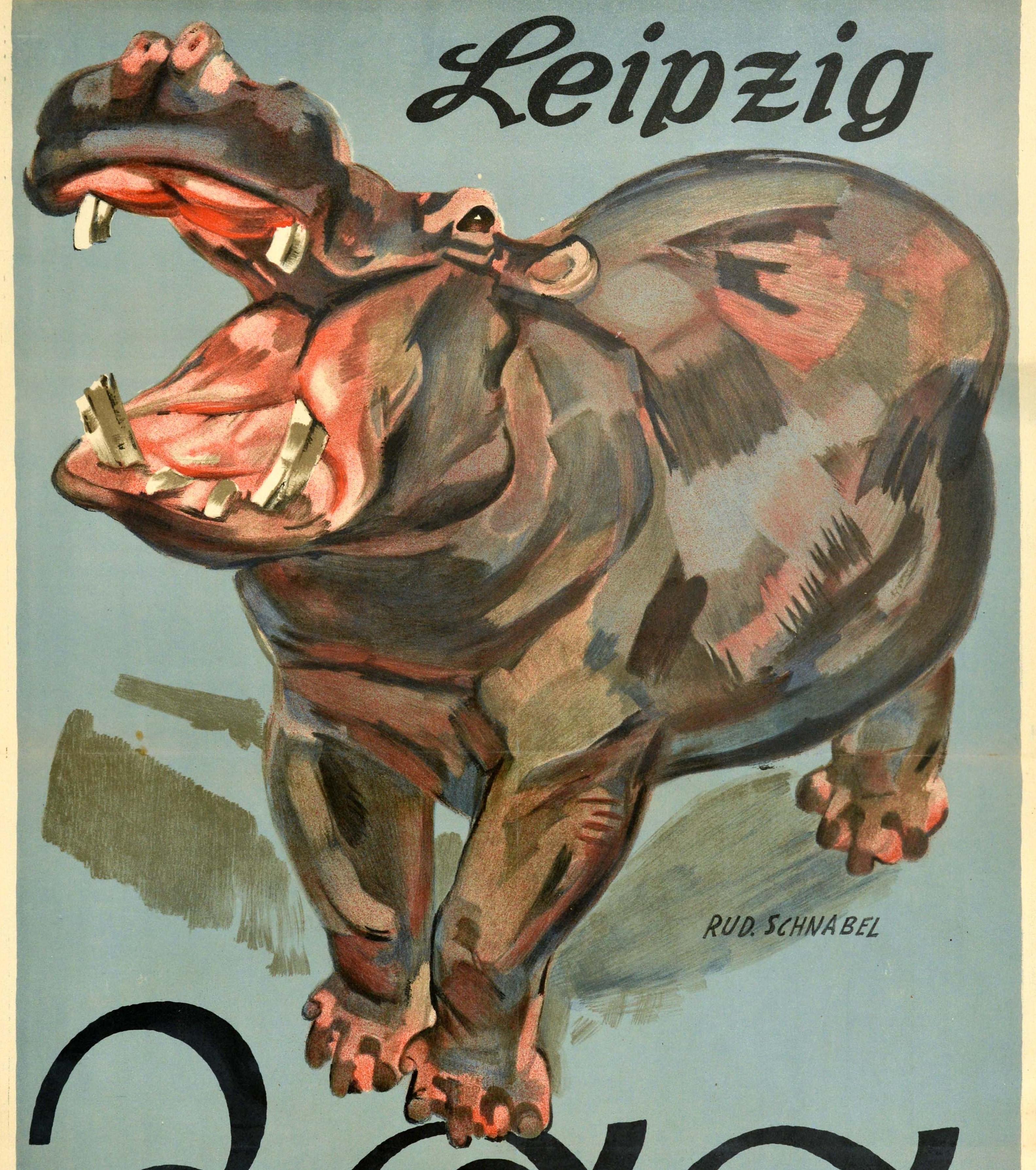 Original Vintage Poster Leipzig Zoo Germany Hippopotamus Art Design Travel In Good Condition For Sale In London, GB