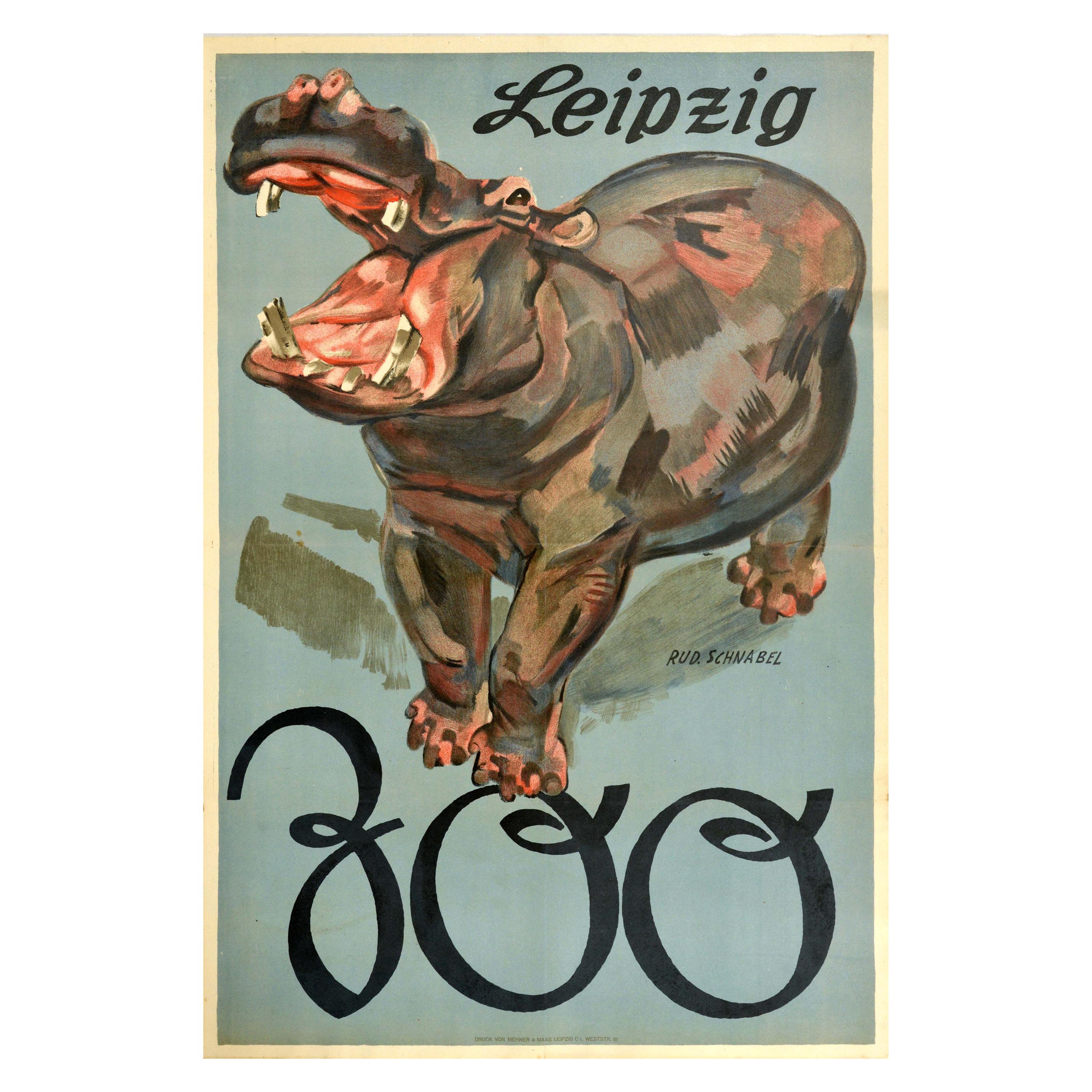 Affiche vintage originale pour le Zoo de Leipzig, Allemagne, Hippopotame, Voyage