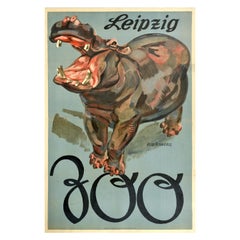 Original Retro Poster Leipzig Zoo Germany Hippopotamus Art Design Travel