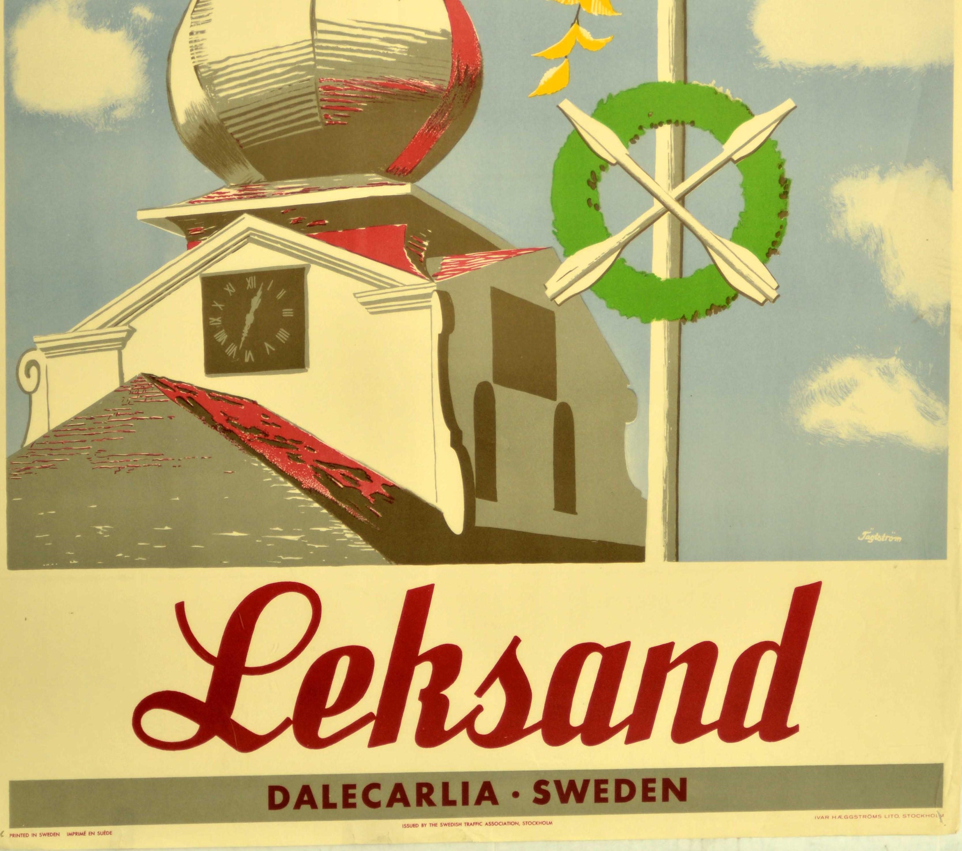 Swedish Original Vintage Poster Leksand Dalecarlia Sweden Travel Clock Dome Architecture For Sale