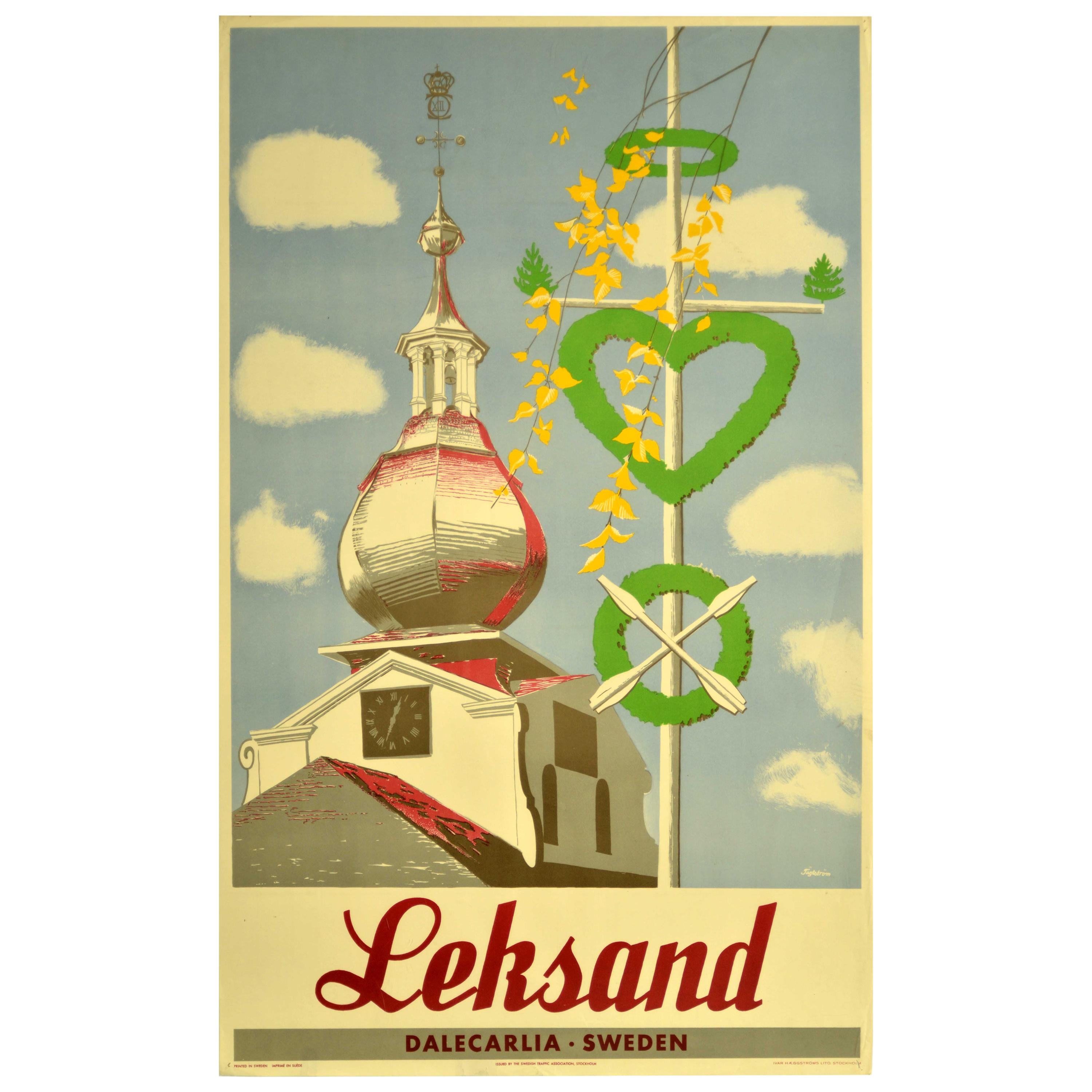 Original Vintage Poster Leksand Dalecarlia Sweden Travel Clock Dome Architecture For Sale