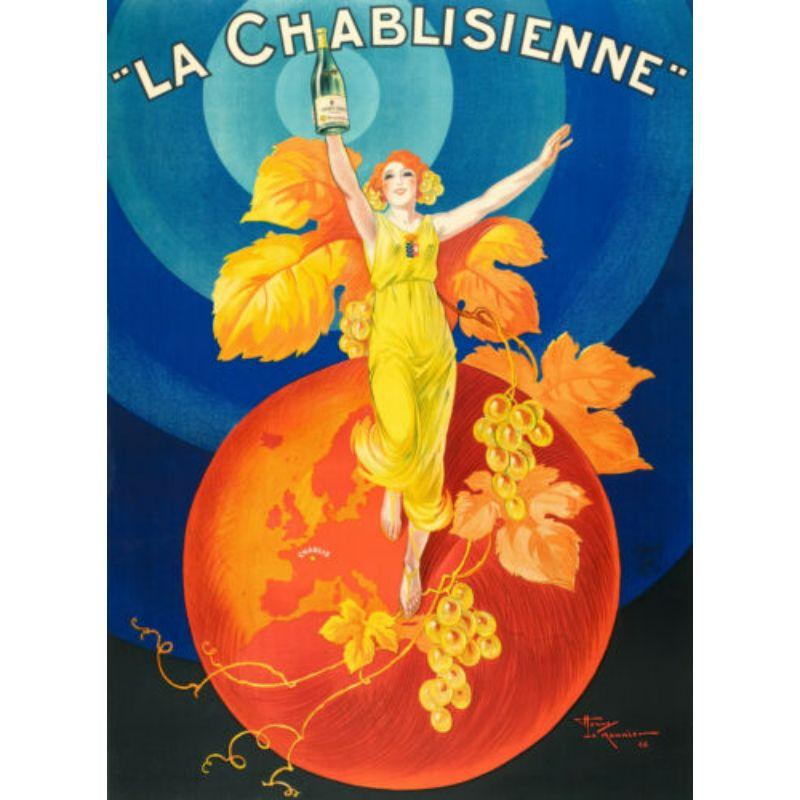 Cette affiche vintage originale pour La Chablisienne- vins de Bourgogne datant de 1926 par Henry Le Monnier.

Cette affiche montre Chablis (le district viticole le plus au nord de la Bourgogne) comme l'épicentre du globe.

Une femme rousse en robe