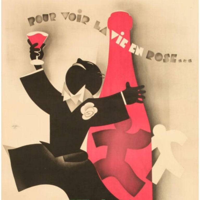 Original Vintage Poster-Leon Dupin-Chateau Roubaud-Vin Rosé, 1931

This figural work depicts an image of a man in black ties and tails holding up a glass of red wine leaping from the cover of the wine bottle in the background.

Additional
