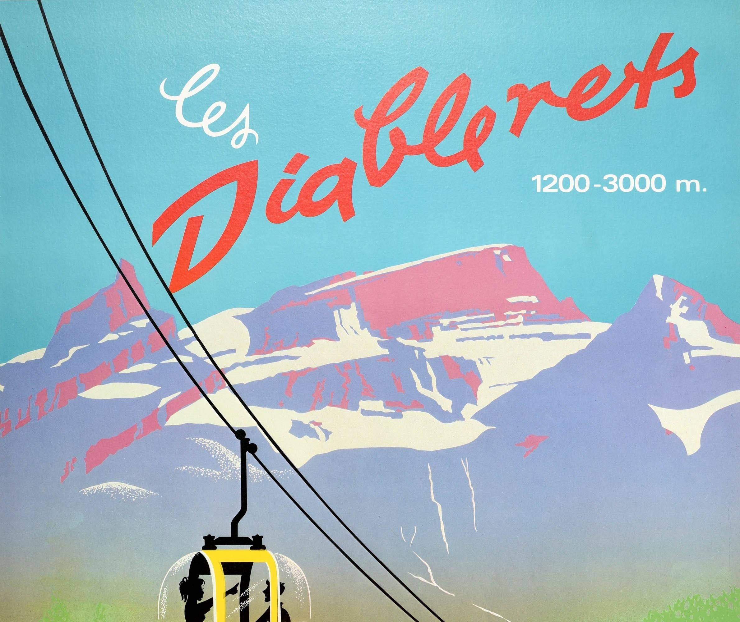 Original vintage travel poster for Les Diablerets 1200-3000m Suisse Schweiz Switzerland featuring an updated version of the 1947 poster by the Swiss poster artist Martin Peikert (1901-1975) that featured a demon child playing a flute while skipping