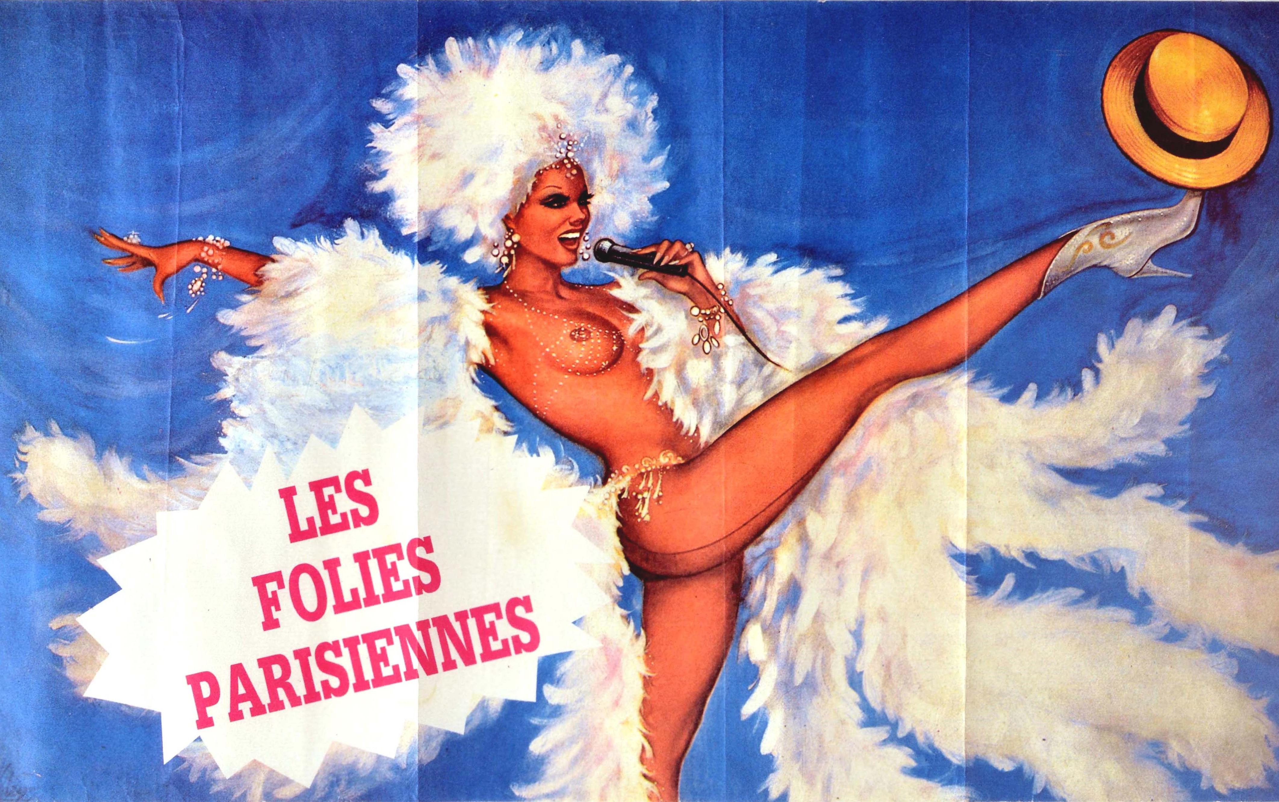 Original vintage advertising poster for a cabaret performance - Les Folies Parisiennes / The Parisian Follies - featuring artwork by O'Kley (Pierre Gilardeau; 1930-2007) of a smiling scantily dressed dancer wearing sparkly jewellery and a white