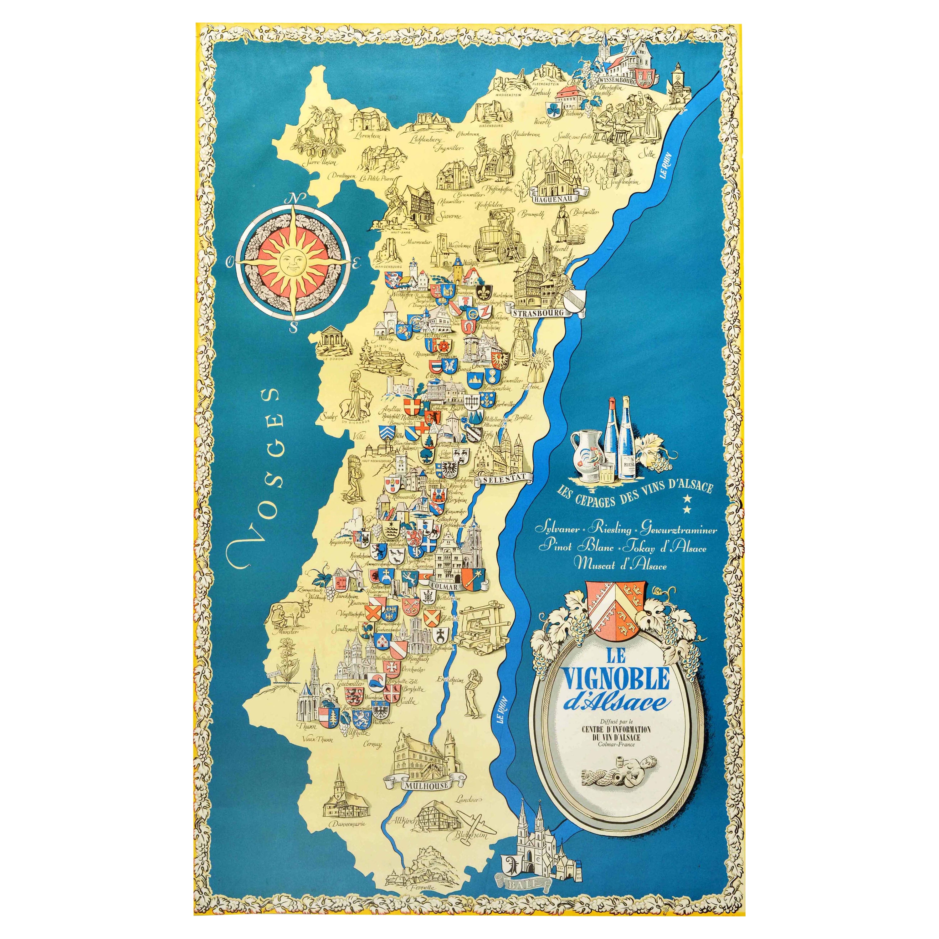 Affiche vintage d'origine Les Vignobles d'Alsace Vineyards French Wine Map Rhine