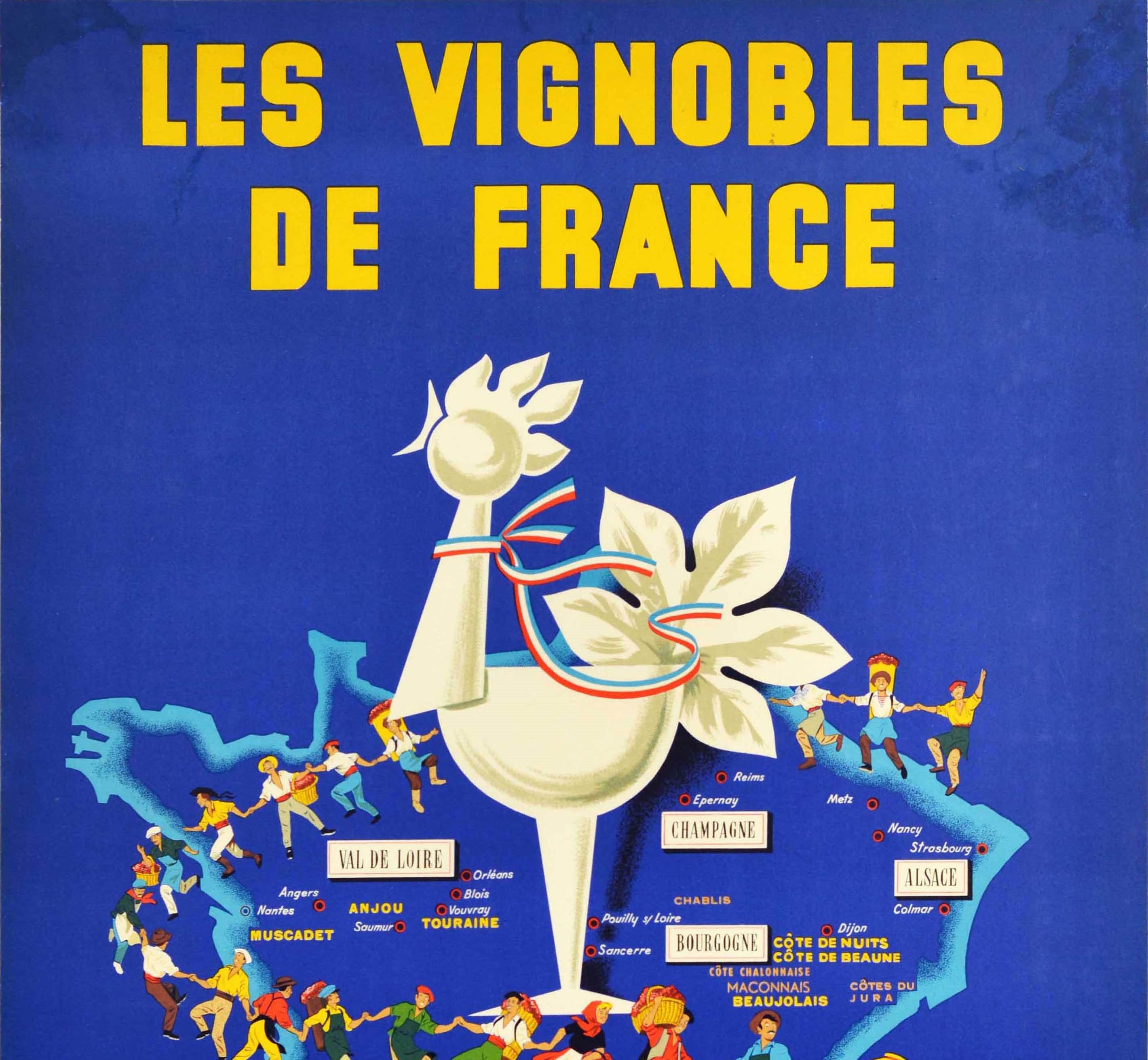 Original vintage drink advertising poster for The Vineyards Of France / Les Vignobles De France Production Metropolitaine featuring a colourful pictorial map design showing a line of dancing wine growers and sellers some carrying baskets of grapes