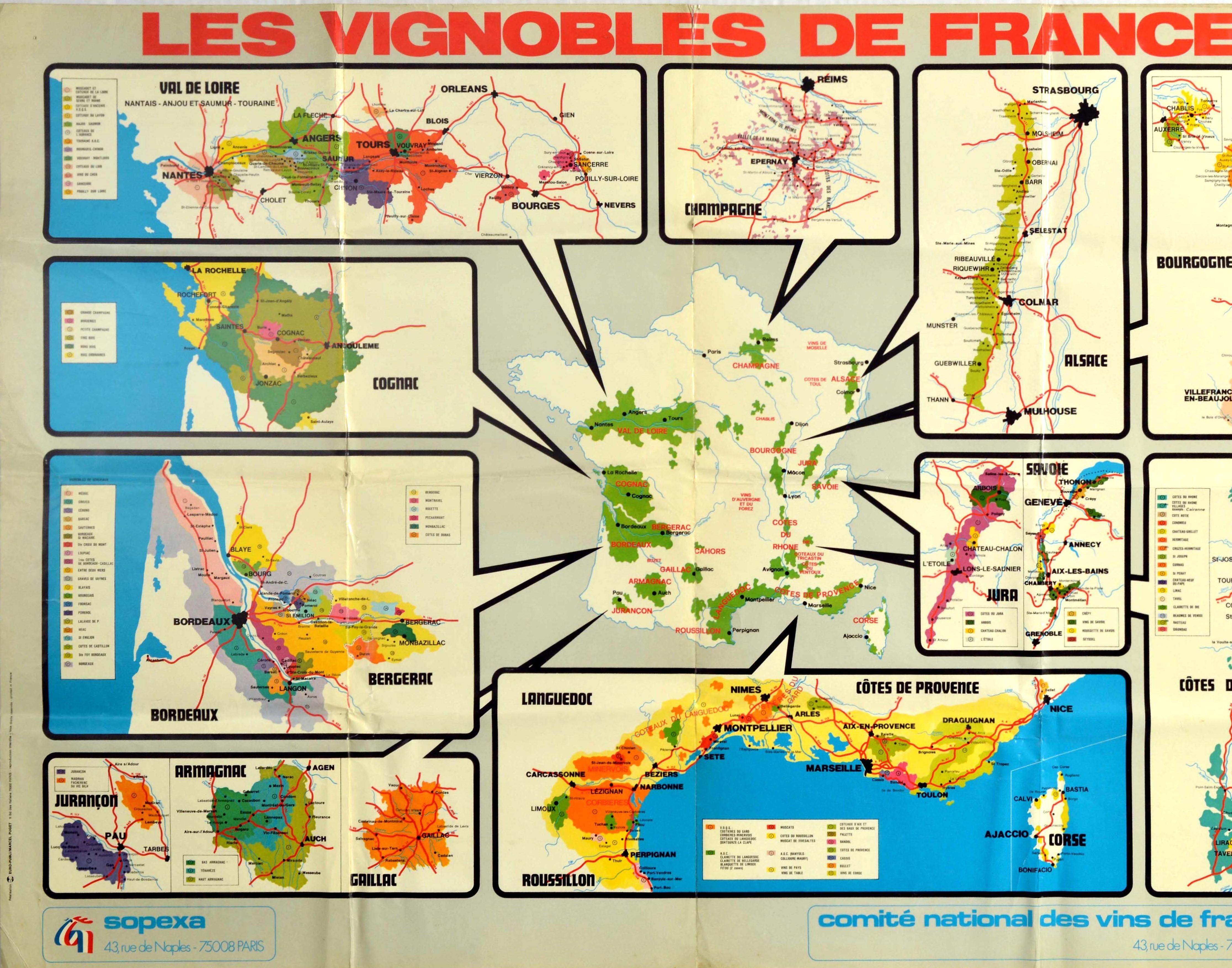 Original vintage advertising poster for Les Vignobles de France / The Vineyards of France issued by the National Committee of the Wines of France SOPEXA Comite Nationale de Vins de France featuring a map of France showing the major wine producing