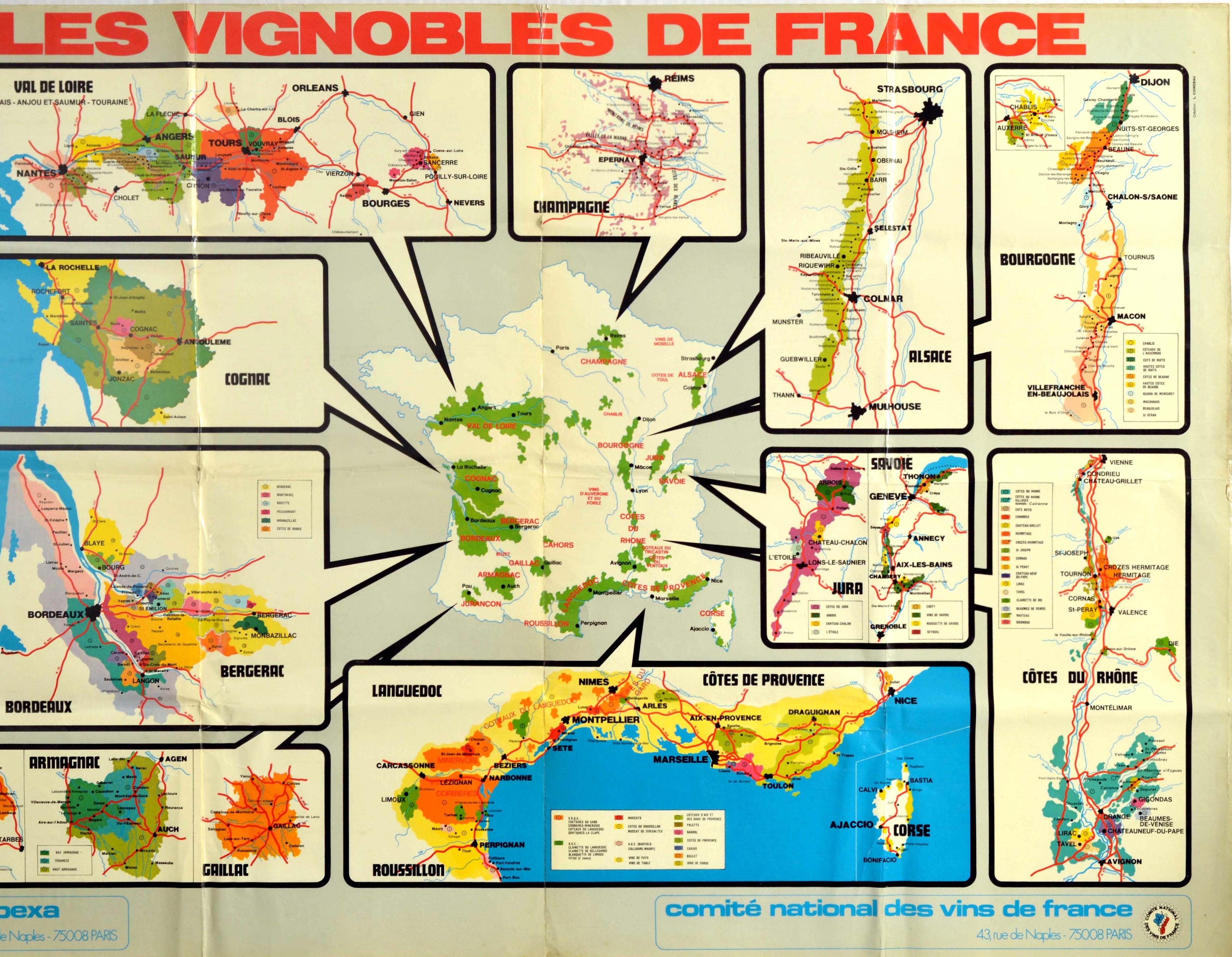Original Vintage Poster Les Vignobles De France Wine Region Map French Vineyards In Good Condition In London, GB