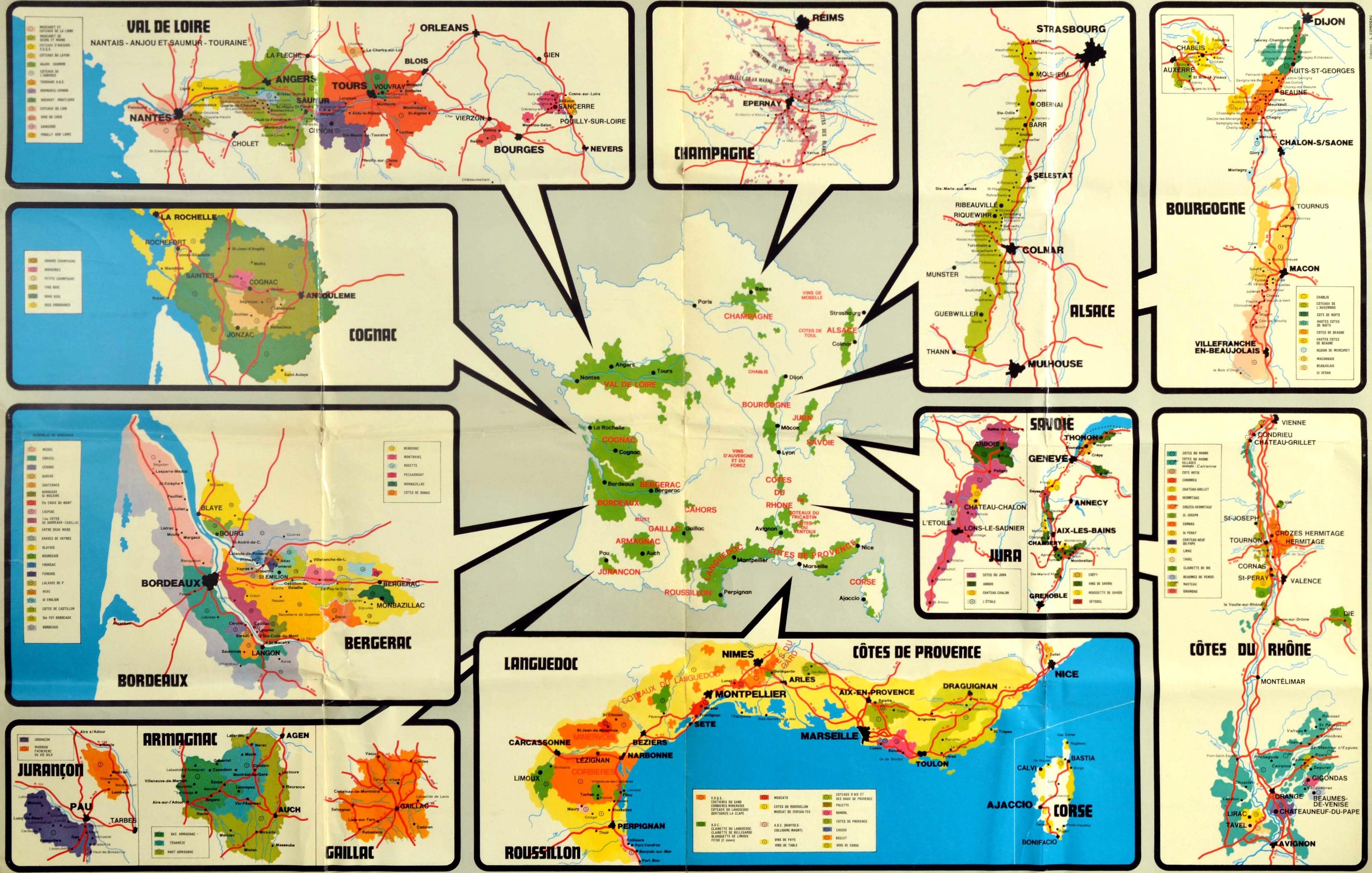 Mid-20th Century Original Vintage Poster Les Vignobles De France Wine Region Map French Vineyards
