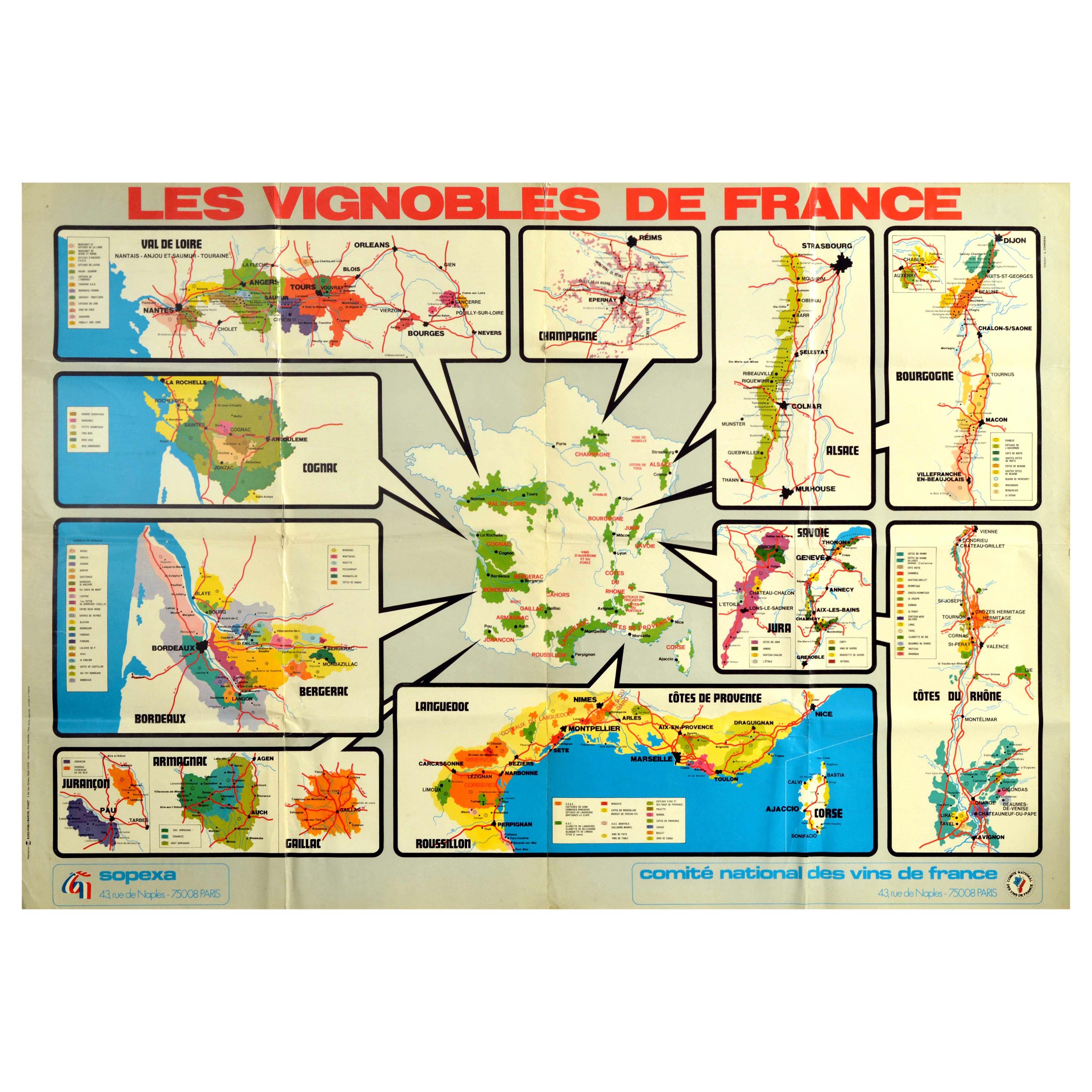 Original Vintage Poster Les Vignobles De France Wine Region Map French Vineyards
