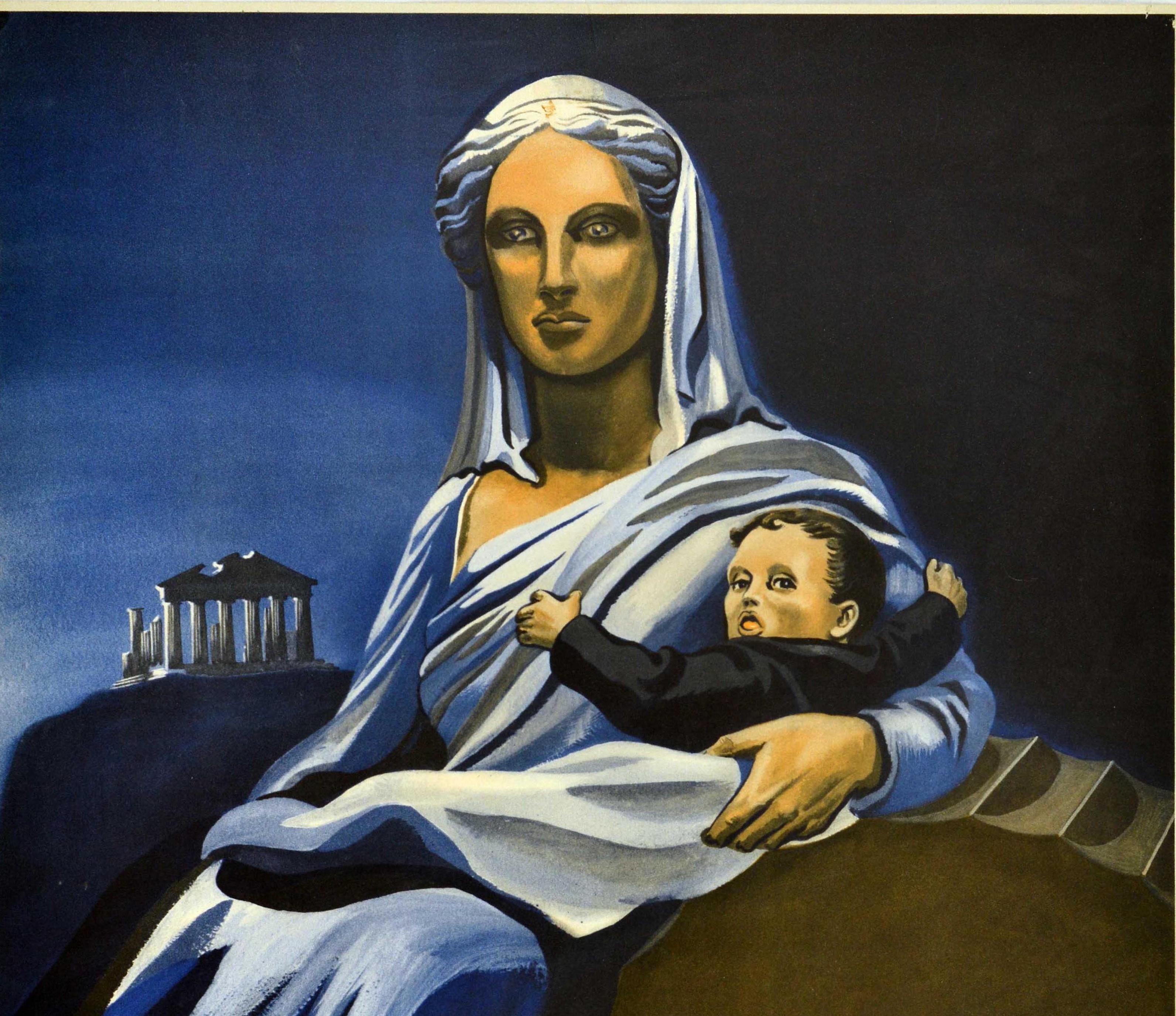 Original vintage World War Two fundraising propaganda poster - Lest it be too Late! Help Greece Now - issued by the Greek War Relief Association Inc 730 Fifth Avenue New York featuring striking artwork in a classical design depicting a mother