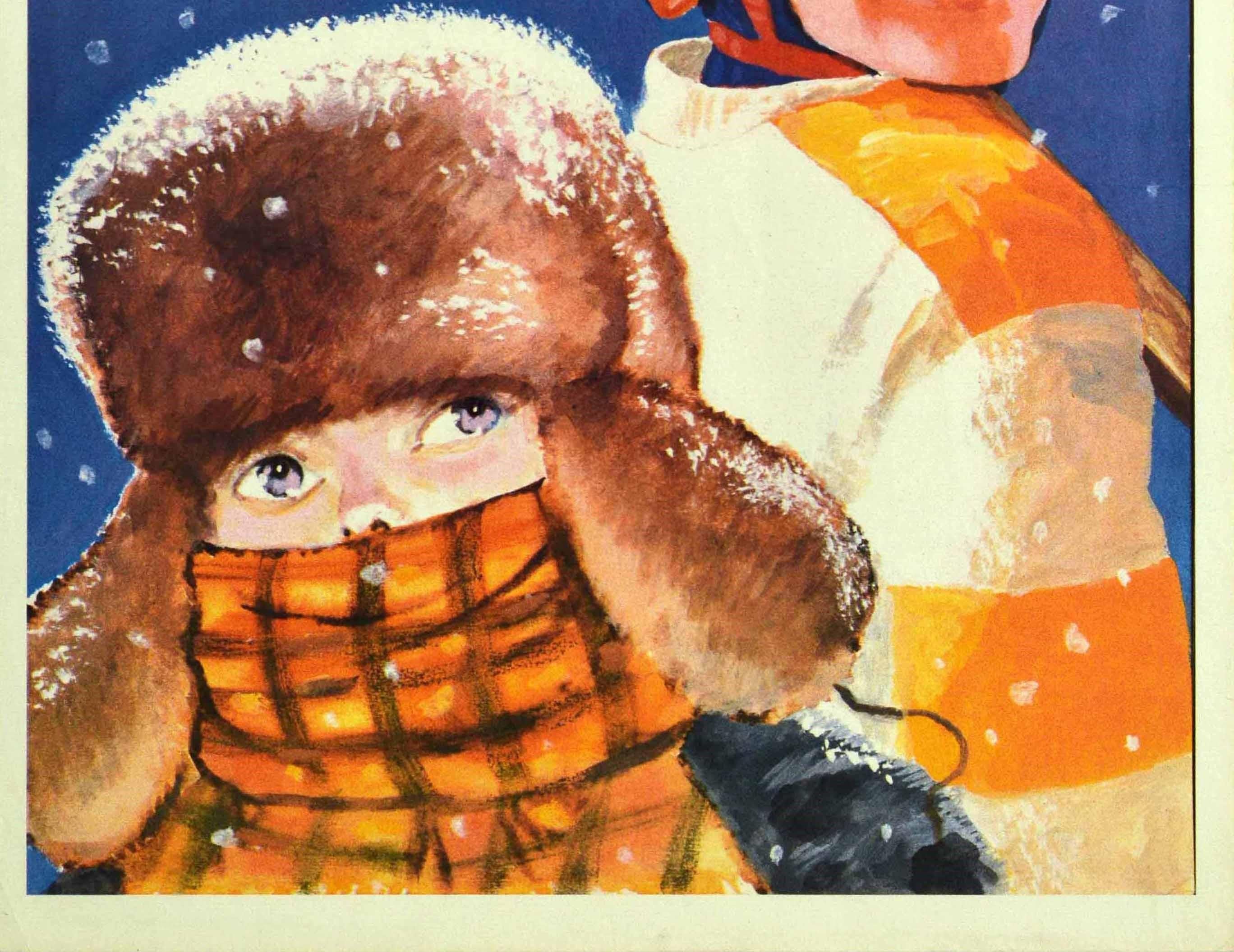 Russe Affiche rétro originale Let's Go Play, hockey sur glace, Sport soviétique d'hiver, URSS en vente