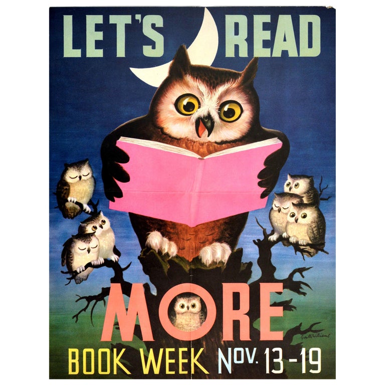 Original Vintage Poster Let's Read More Children's Books Education Owl ...