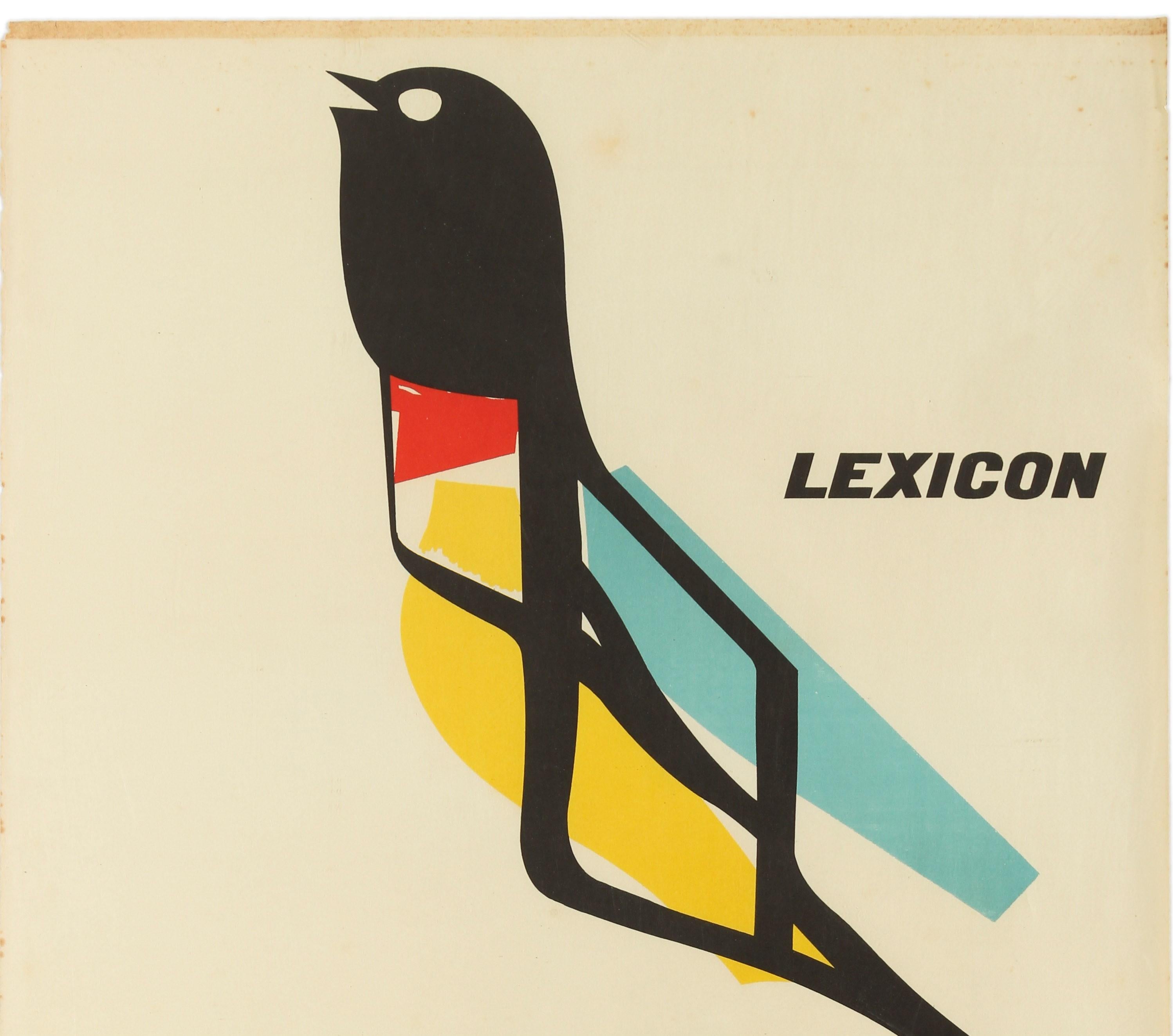 Original vintage Avant Garde advertising poster for the Lexicon Hispano Olivetti 80 typewriter model featuring a great mid-century graphic design depicting a colourful bird flying above a photograph of a new Olivetti typewriter with the stylised