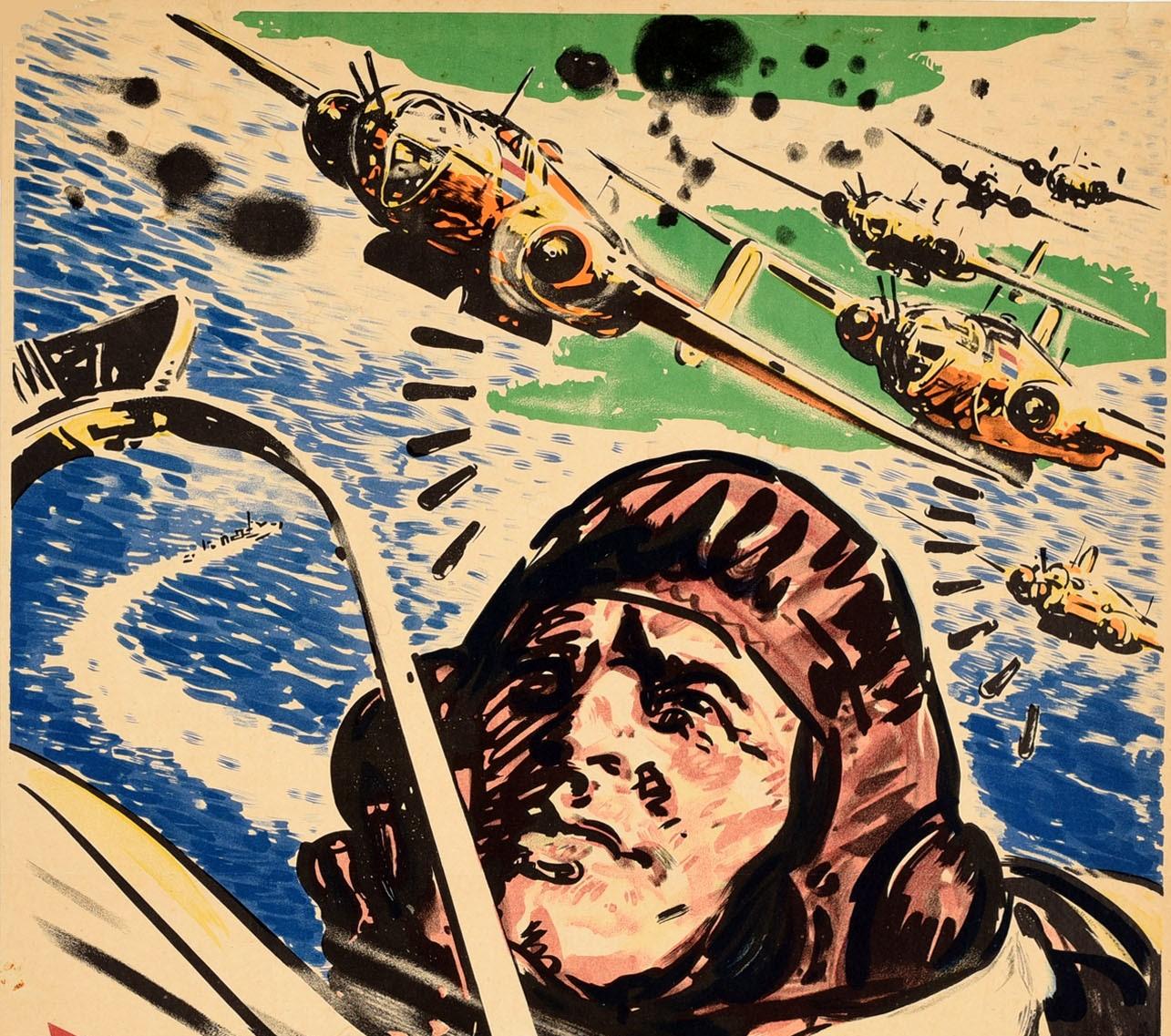 Original vintage World War Two poster, Indie bevrijden Een nieuwe taak voor den Vliegenden Hollander / Liberate India Dutch East Indies A new task for The Flying Dutchman - featuring a dynamic image of a fighter pilot in his plane marked with the