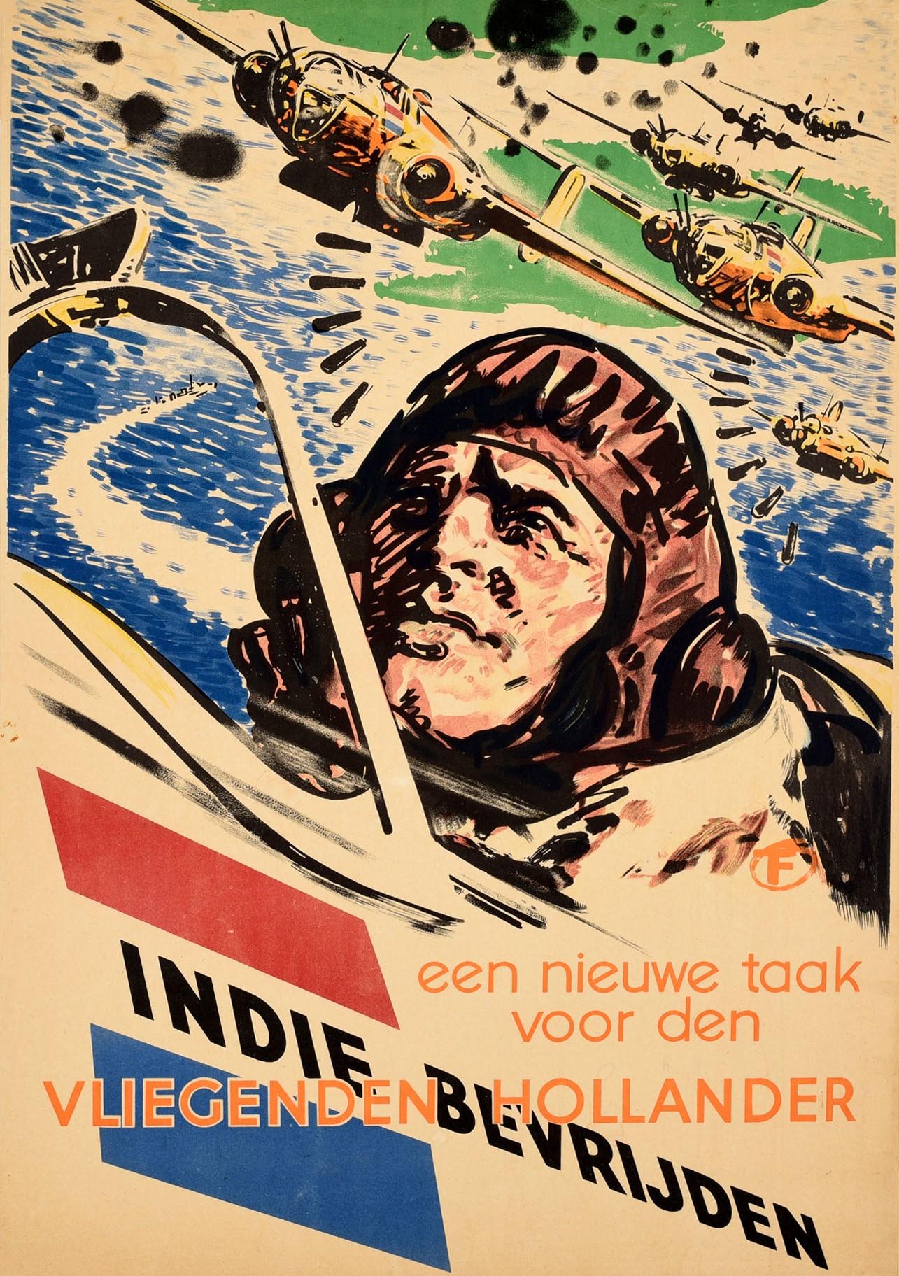 Affiche vintage originale, Libérez les Indes Orientales, Indies Bevrijden, seconde guerre mondiale, Pilote Bon état - En vente à London, GB