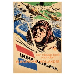 Poster originale d'epoca Liberare le Indie Orientali Olandesi Indie Bevrijden Pilota della Seconda Guerra Mondiale