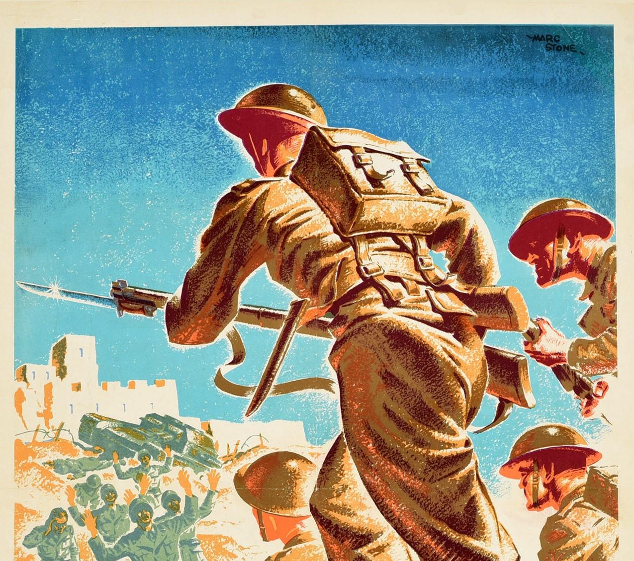 Original vintage World War Two propaganda poster - Libya Help Them Finish The Job - featuring a dynamic image by the British artist Marcus Stone (1909-1991) showing British soldiers armed with bayonet rifle guns charging forward on a battlefield