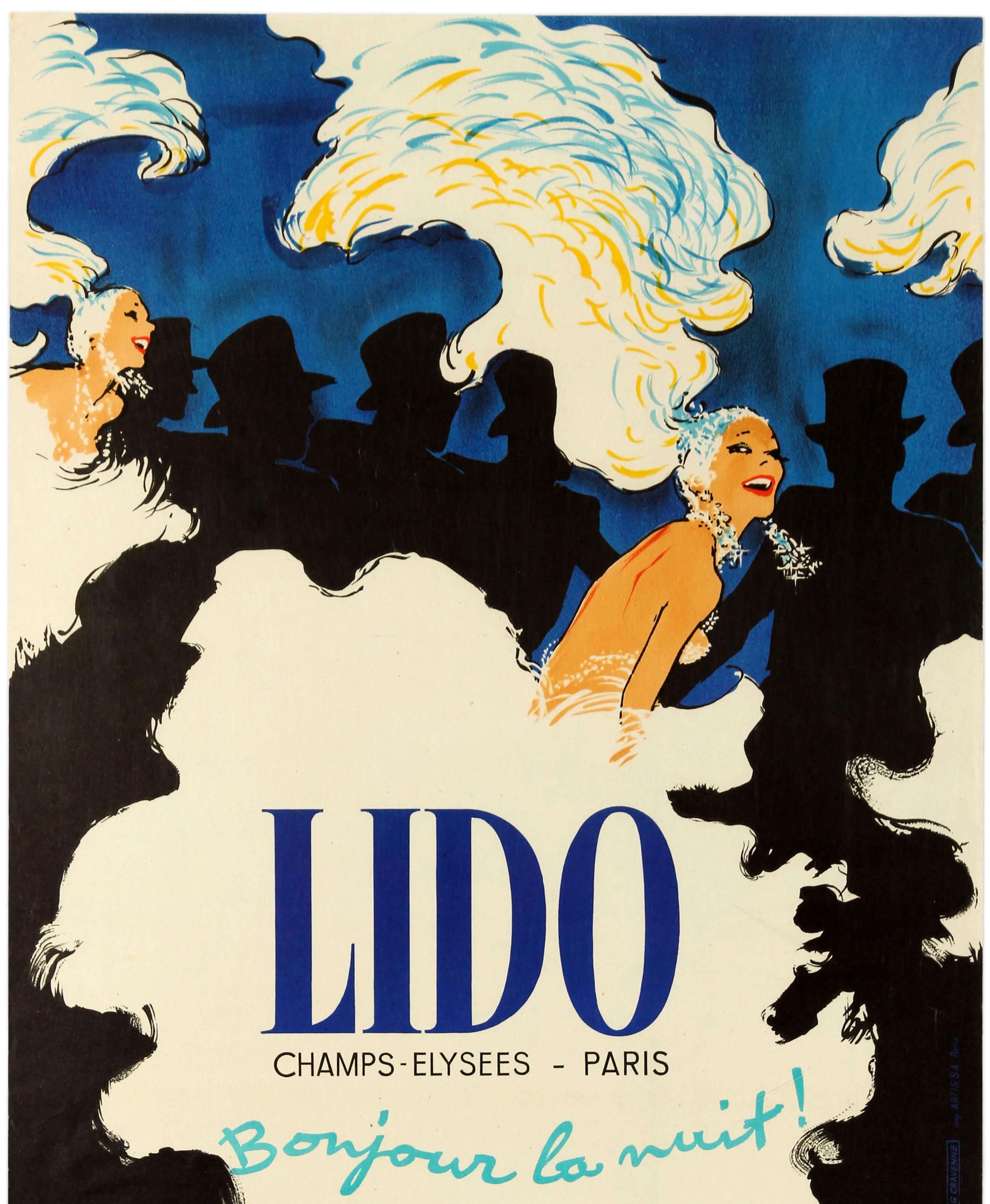 Original vintage cabaret show poster featuring a fantastic design by the notable graphic artist Rene Gruau (Renato de Zavagli, 1909-2004) to promote Bonjour la Nuit / Hello Night at the famous nightclub Lido on the Champs Elysees Paris for the