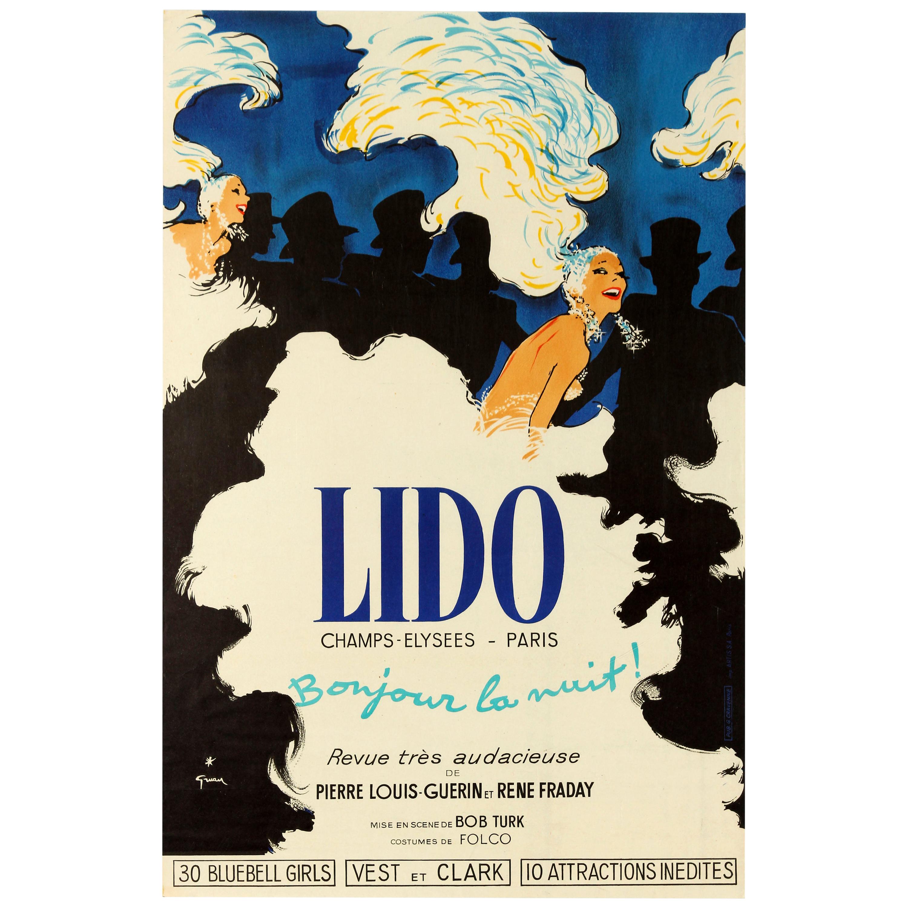 Original Vintage Poster Lido Paris Bonjour La Nuit Cabaret Bluebell Girls Troupe