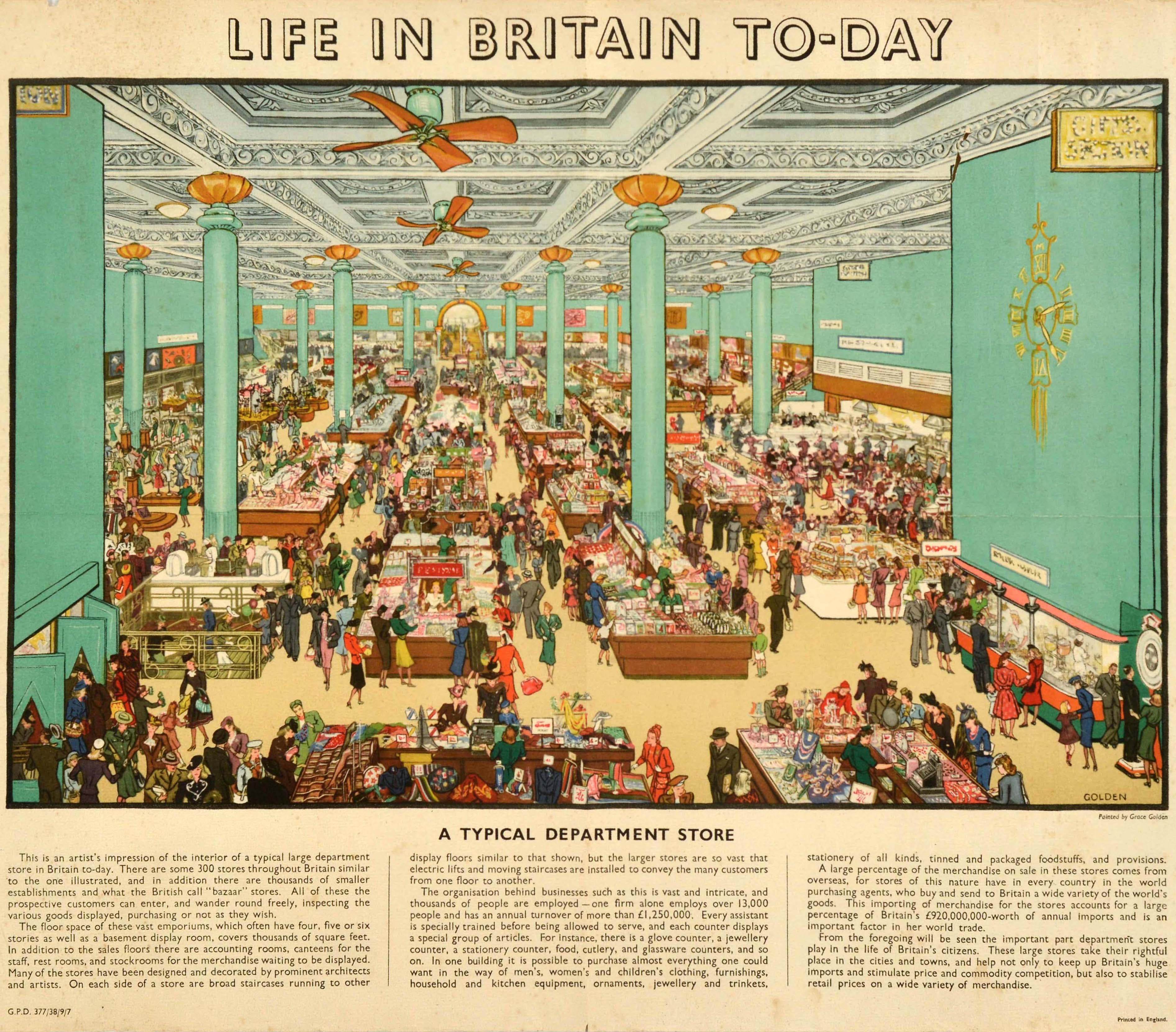 Originalplakat - Life in Britain To-Day A Typical Department Store - herausgegeben vom Central Office of Information mit einer faszinierenden, detaillierten Illustration der englischen Illustratorin und Historikerin Grace Lydia Golden (1904-1993)