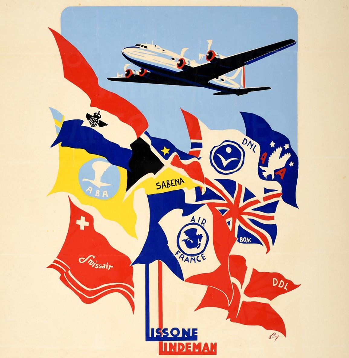 Original-Reisewerbeplakat für Lissone Lindeman - Vliegpassages Naar Elk Land Voor Elke Luchtvaartmu / Air Passages To Any Country For Any Aviation - mit einer großartigen Illustration, die ein Propeller-Passagierflugzeug zeigt, das am blauen Himmel