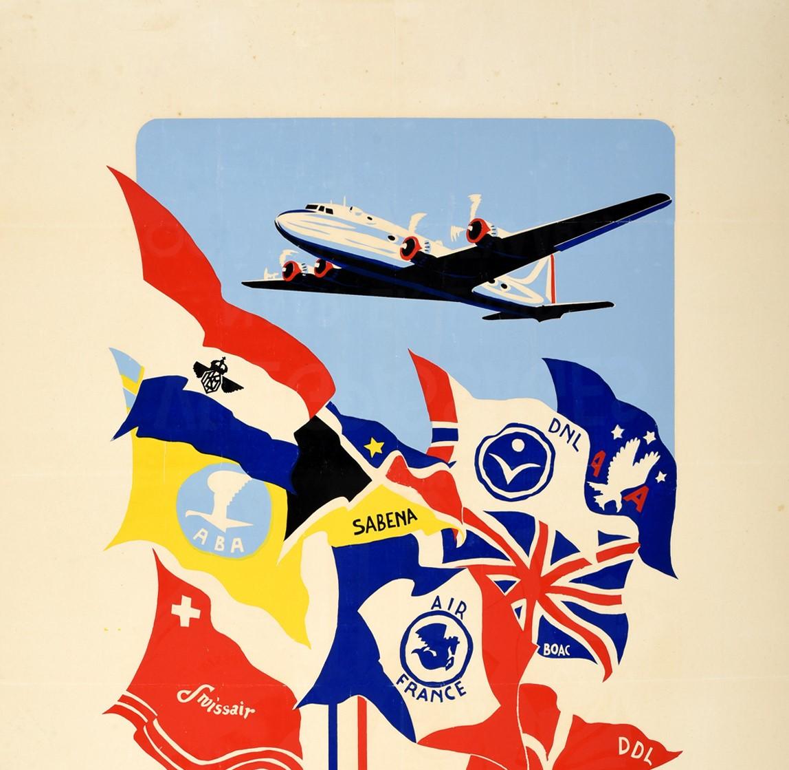 Original Vintage-Poster Lissone Lindeman Vliegpassages Airline Travel Aviation (Niederländisch) im Angebot