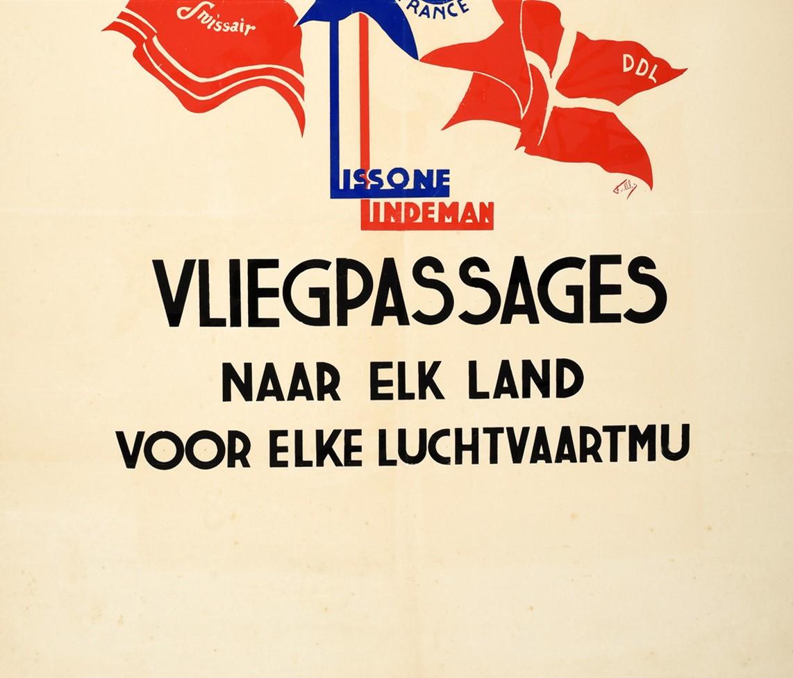 Dutch Original Vintage Poster Lissone Lindeman Vliegpassages Airline Travel Aviation For Sale