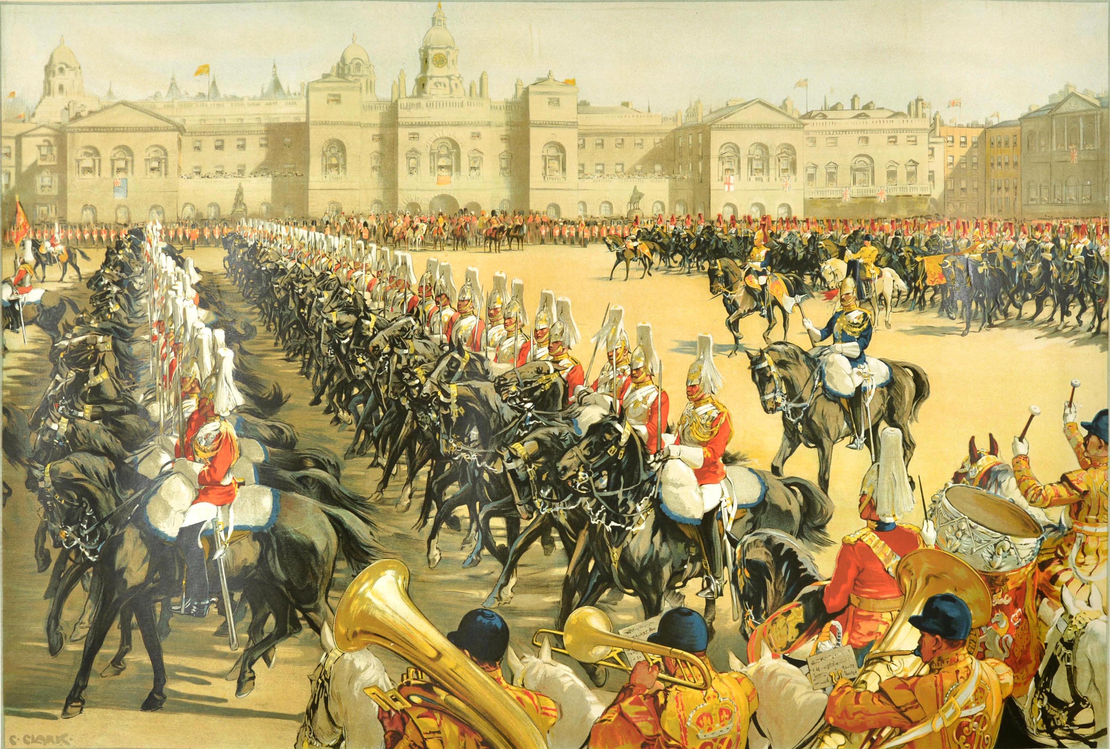 Original vintage poster issued by LMS London Midland Scottish railway featuring artwork by the painter and poster artist Christopher Clark (1875-1942) with the title - London by LMS Trooping the Colour Whitehall - below the ceremonial scene