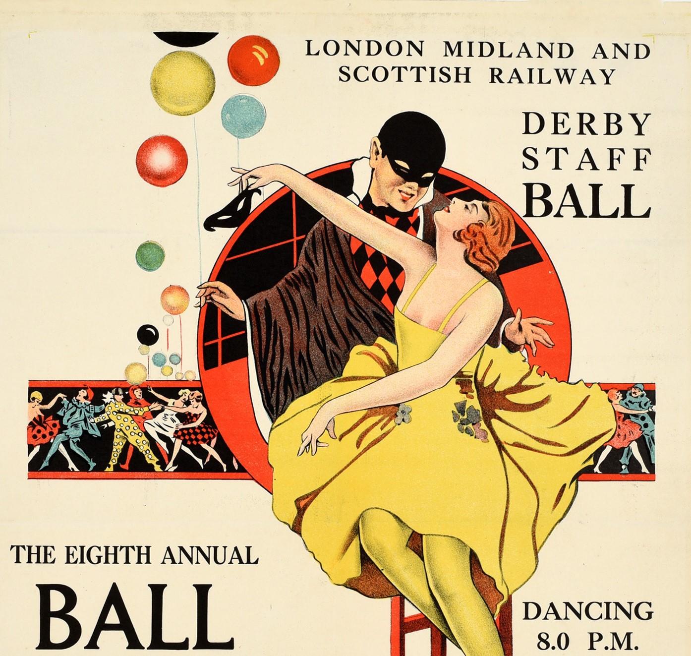 Original vintage LMS poster for the London Midland and Scottish Railway Derby Staff Ball - The Eighth Annual Derby Staff Ball (to which all Ladies and Gentlemen of the Salaried Staff in the LMS Service are invited) will be held in the County