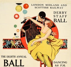 Original Vintage Poster LMS Railway Derby Staff Ball 1931 Art Deco Mask Dancing