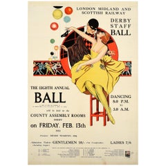 Affiche vintage d'origine LMS Railway Derby Staff Ball avec masque Art déco dansant, 1931