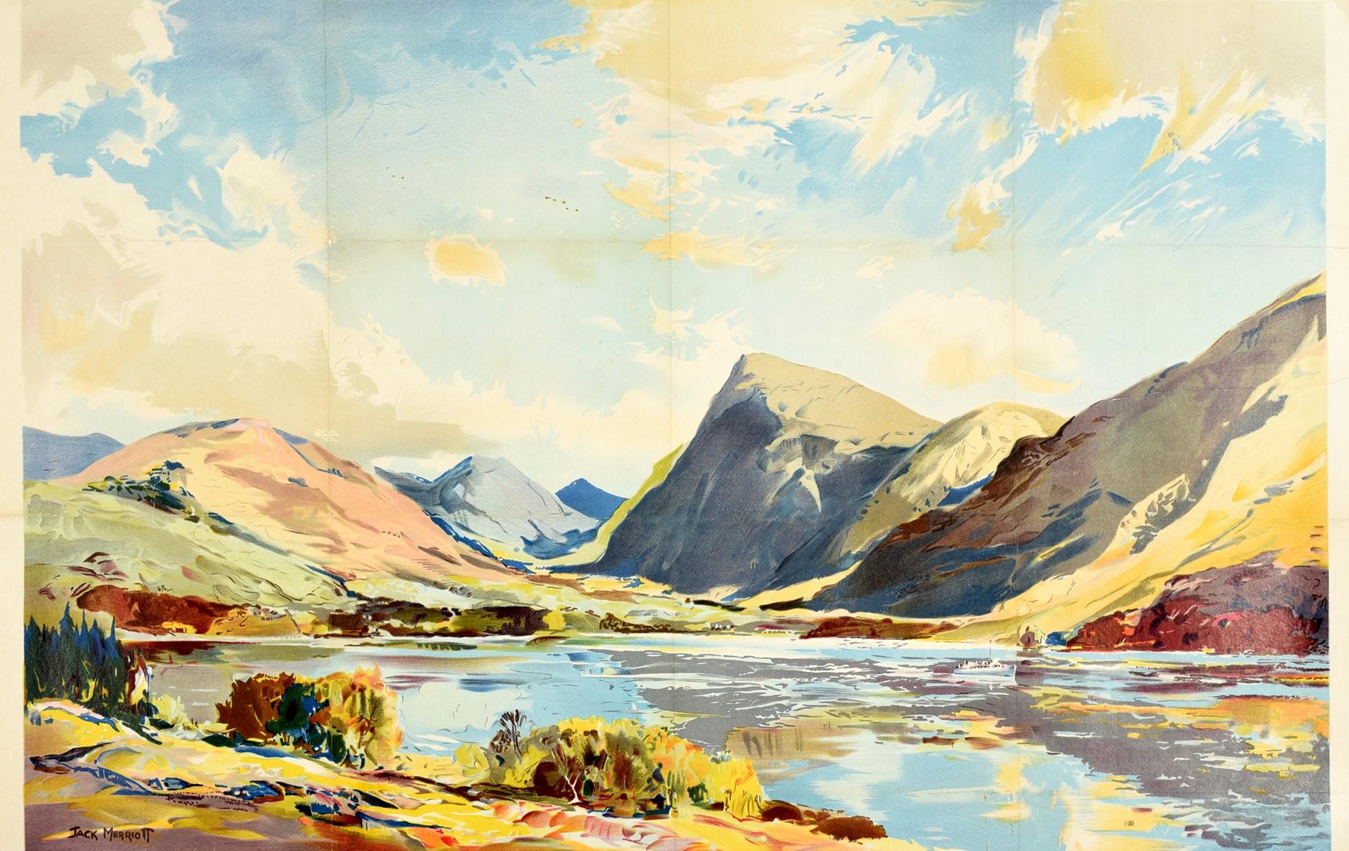 Original vintage British Railways travel poster for Loch Etive Western Highlands on the route of the Glencoe Glen Etive and Glen Etive Circular Tour featuring a painting by the British artist Jack Merriott (1901-1968) depicting a scenic view of the