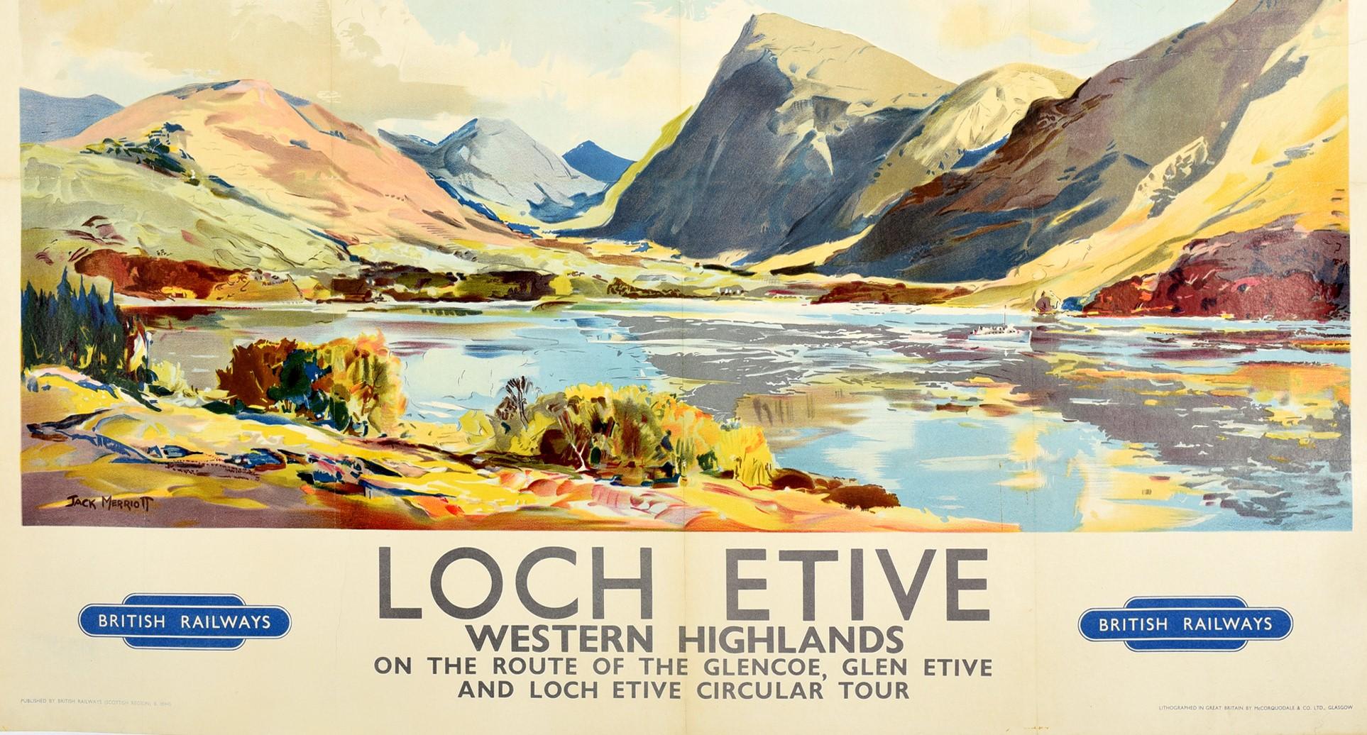 Britannique Affiche vintage originale, Loch Etive, Highlands de l'Ouest, Écosse, Chemin de fer britannique en vente