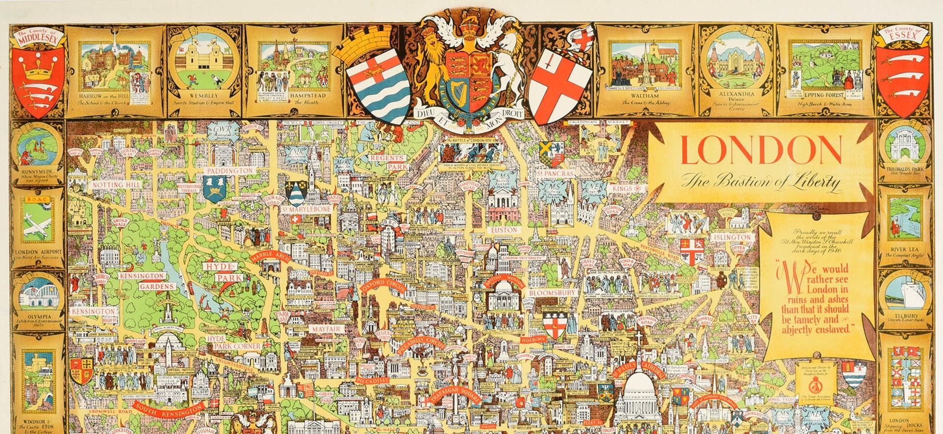 Original vintage travel map poster for London The Bastion of Liberty by the British artist, illustrator and poster designer Kerry Lee (1902-1988) to encourage tourism after World War Two featuring a detailed pictorial map of London with its notable