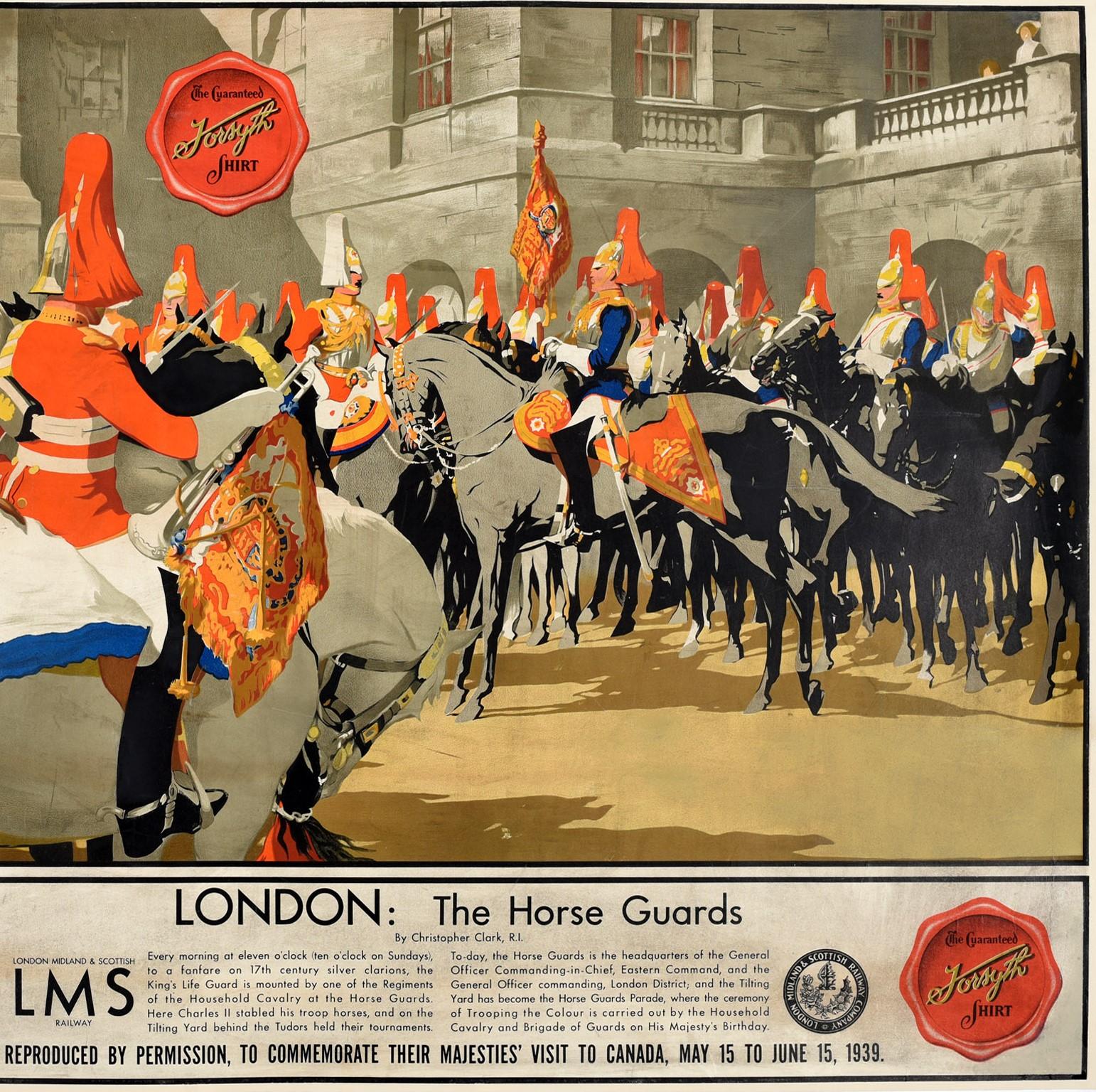 British Original Vintage Poster London Horse Guards LMS Canada Royal Visit Forsyth Shirt For Sale