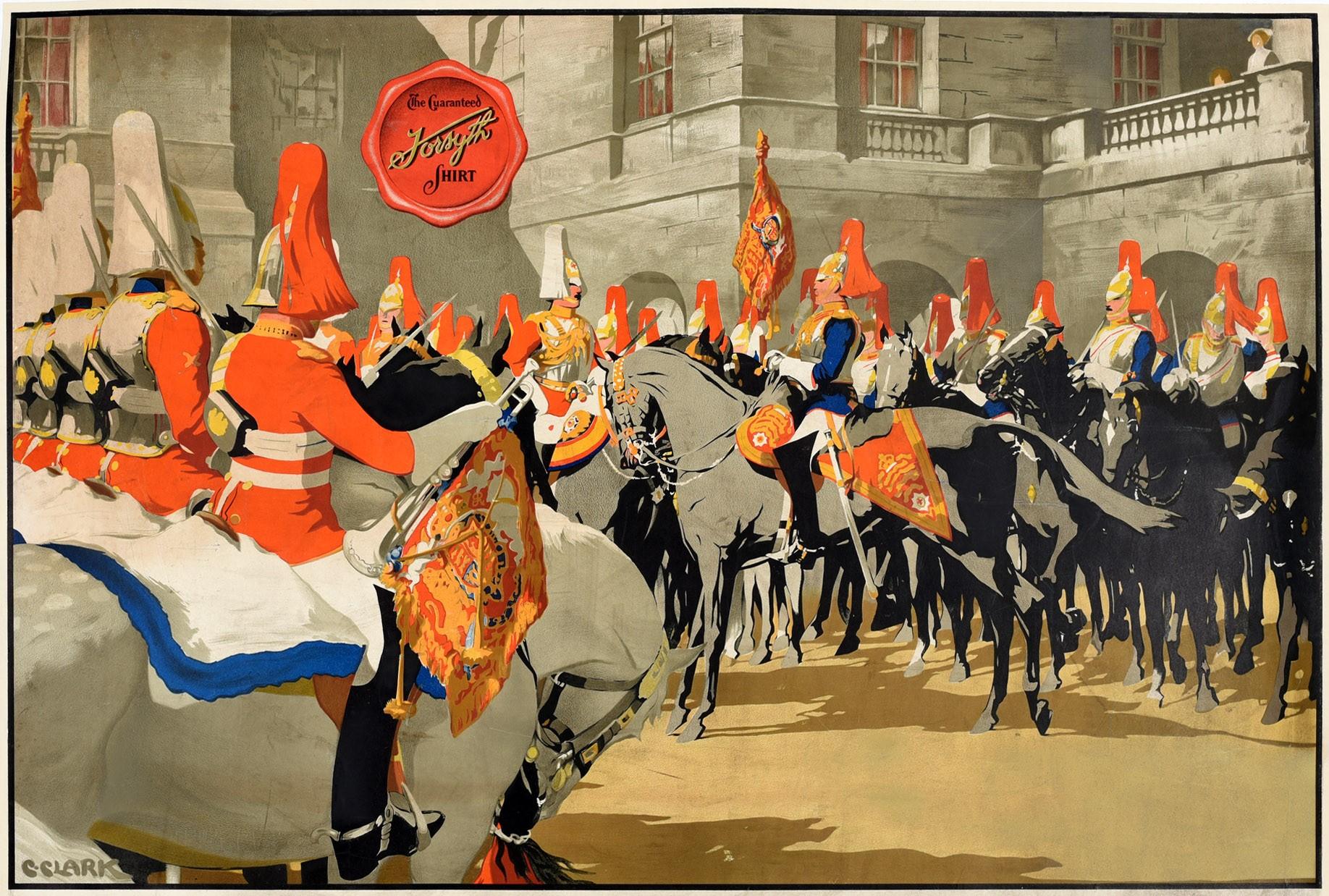 Metà XX secolo Poster originale d'epoca London Horse Guards LMS Canada Royal Visit Forsyth Shirt in vendita