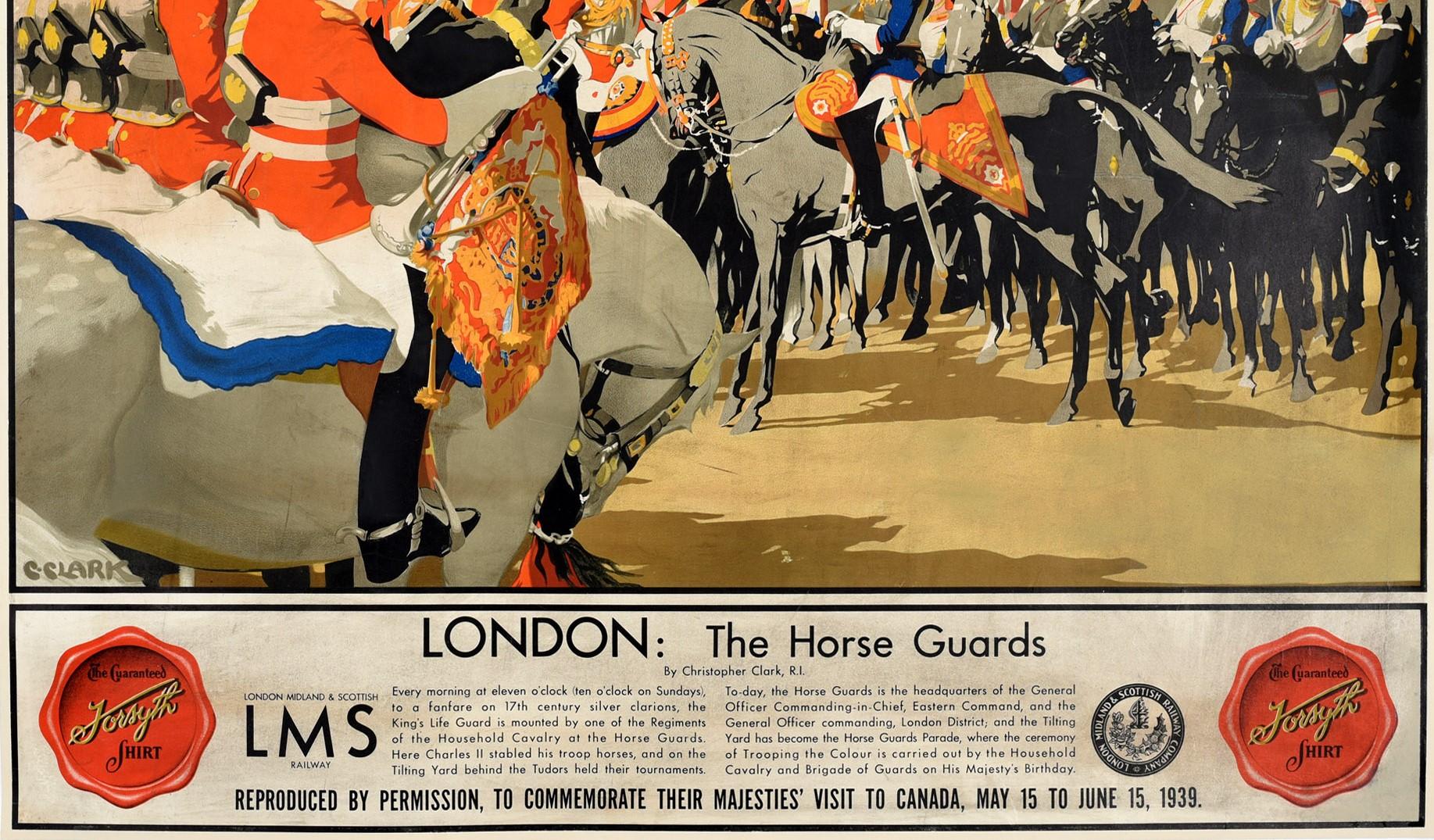 Paper Original Vintage Poster London Horse Guards LMS Canada Royal Visit Forsyth Shirt For Sale
