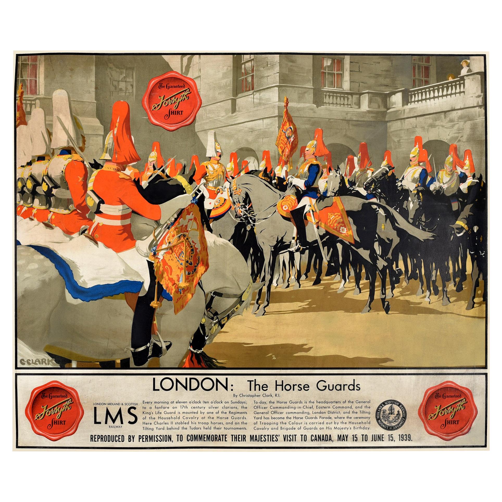 Original Vintage-Poster London Horse Guards, LMS Canada, Royal Visit, Forsyth-Hemd, Vintage