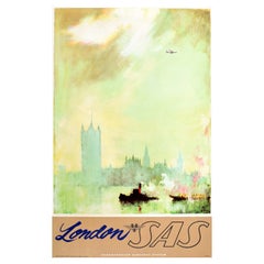 Original Vintage Poster London SAS Scandinavian Airline Travel Parliament Thames