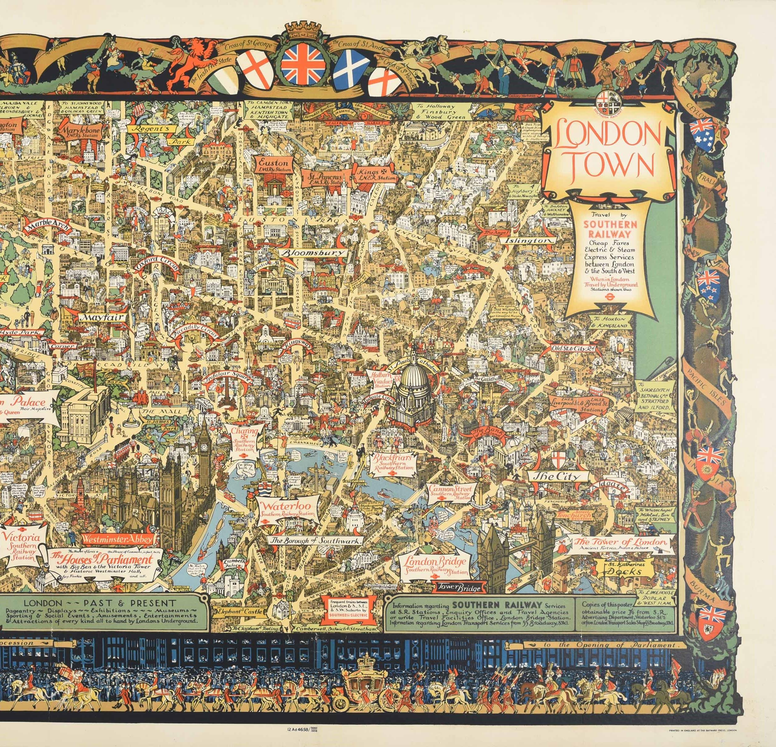 Original vintage Travel By Train map poster for London Town by the British artist, illustrator and poster designer Kerry Lee (1902-1988) featuring a detailed pictorial map of central London with captions including notable and historical buildings,