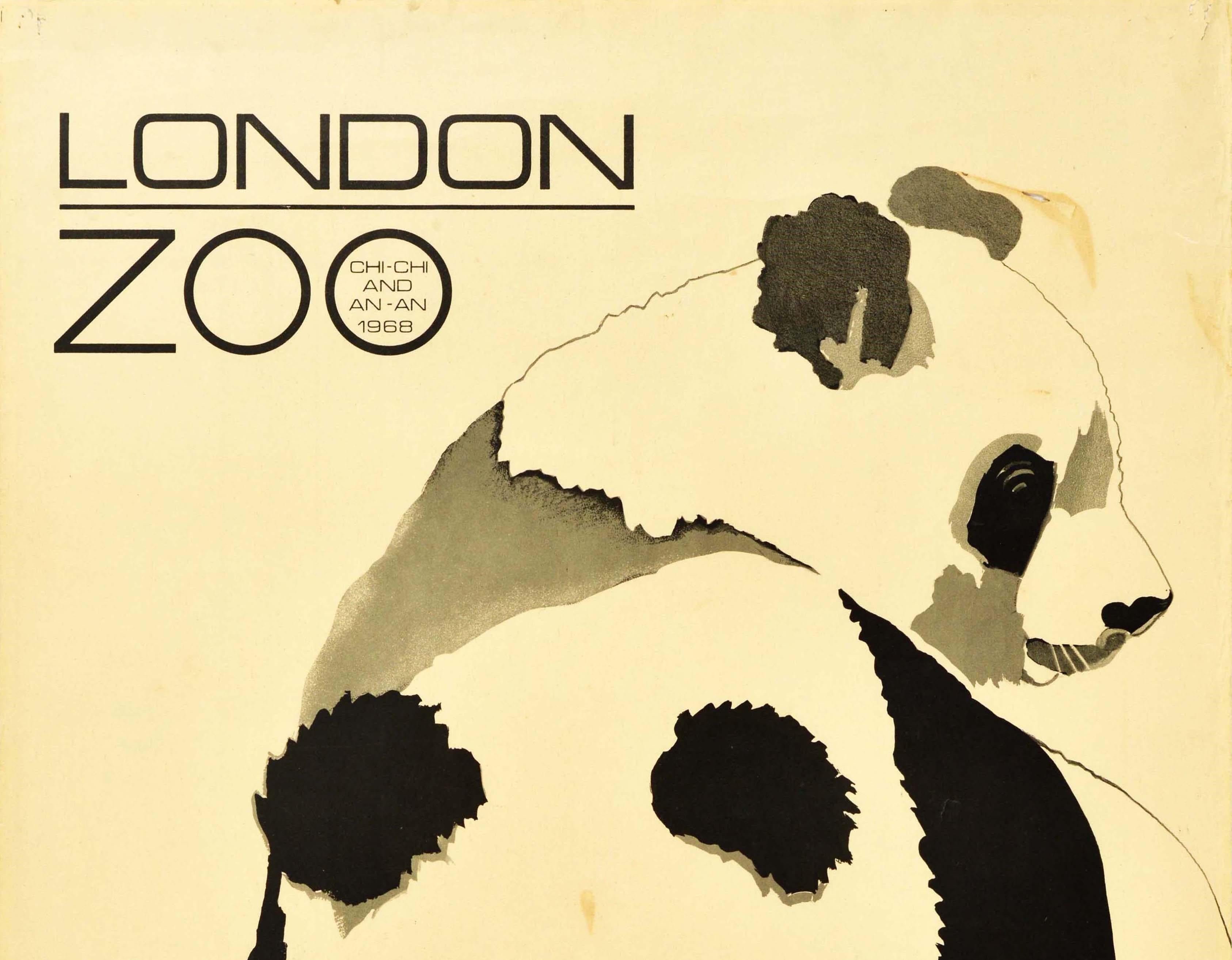 Original vintage advertising poster for London Zoo featuring a great image by the Polish designer Roslav Szaybo (1933-2019) of two pandas with the title above - London Zoo Chi Chi and An An 1968 - the panda's name and date in the O of the word Zoo.