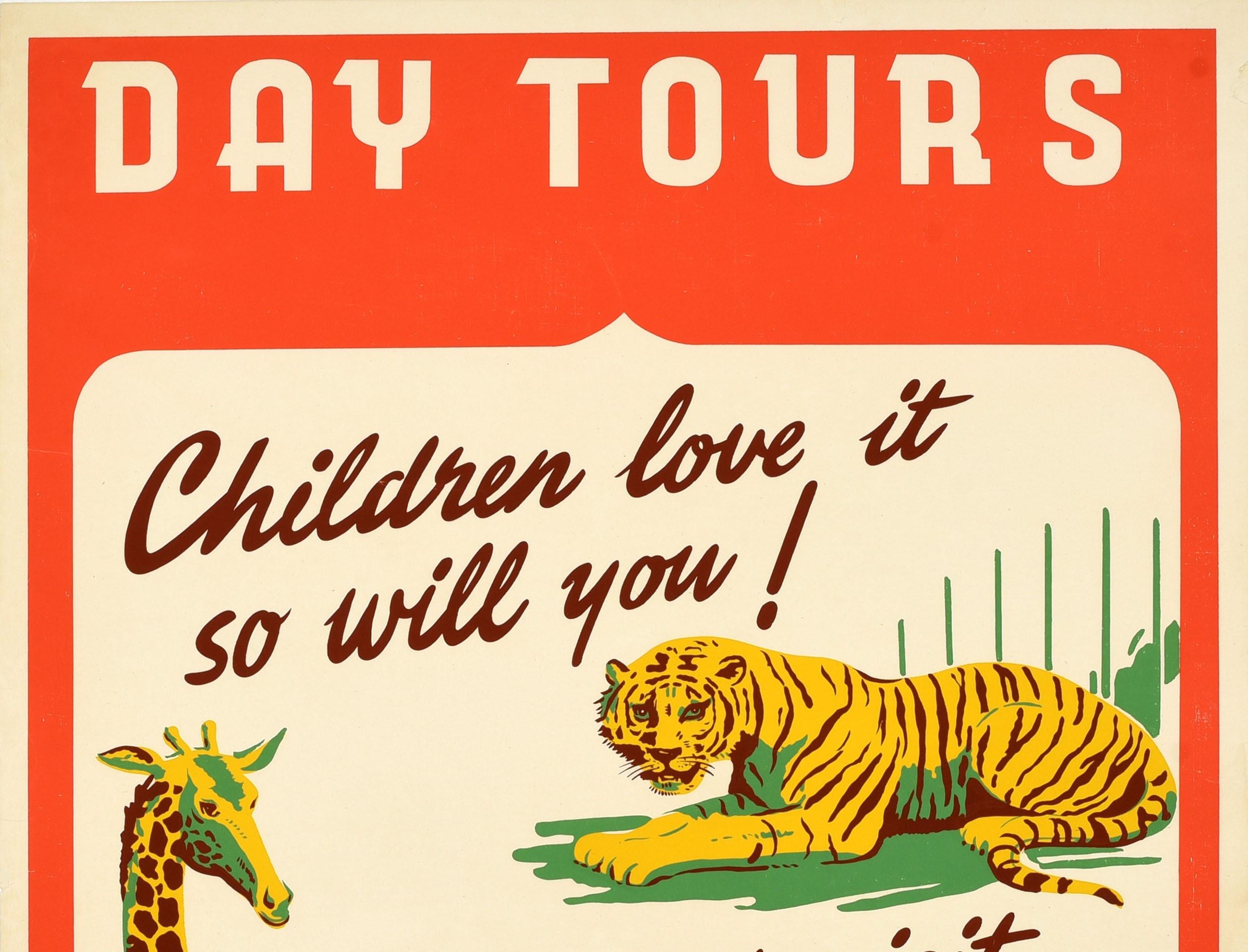 Original vintage travel advertising poster - Day Tours children love it so will you! Why not visit Zoo Wilts and Dorset Motor Services Limited - featuring a great design depicting a tiger and a giraffe with the text in stylised lettering between the