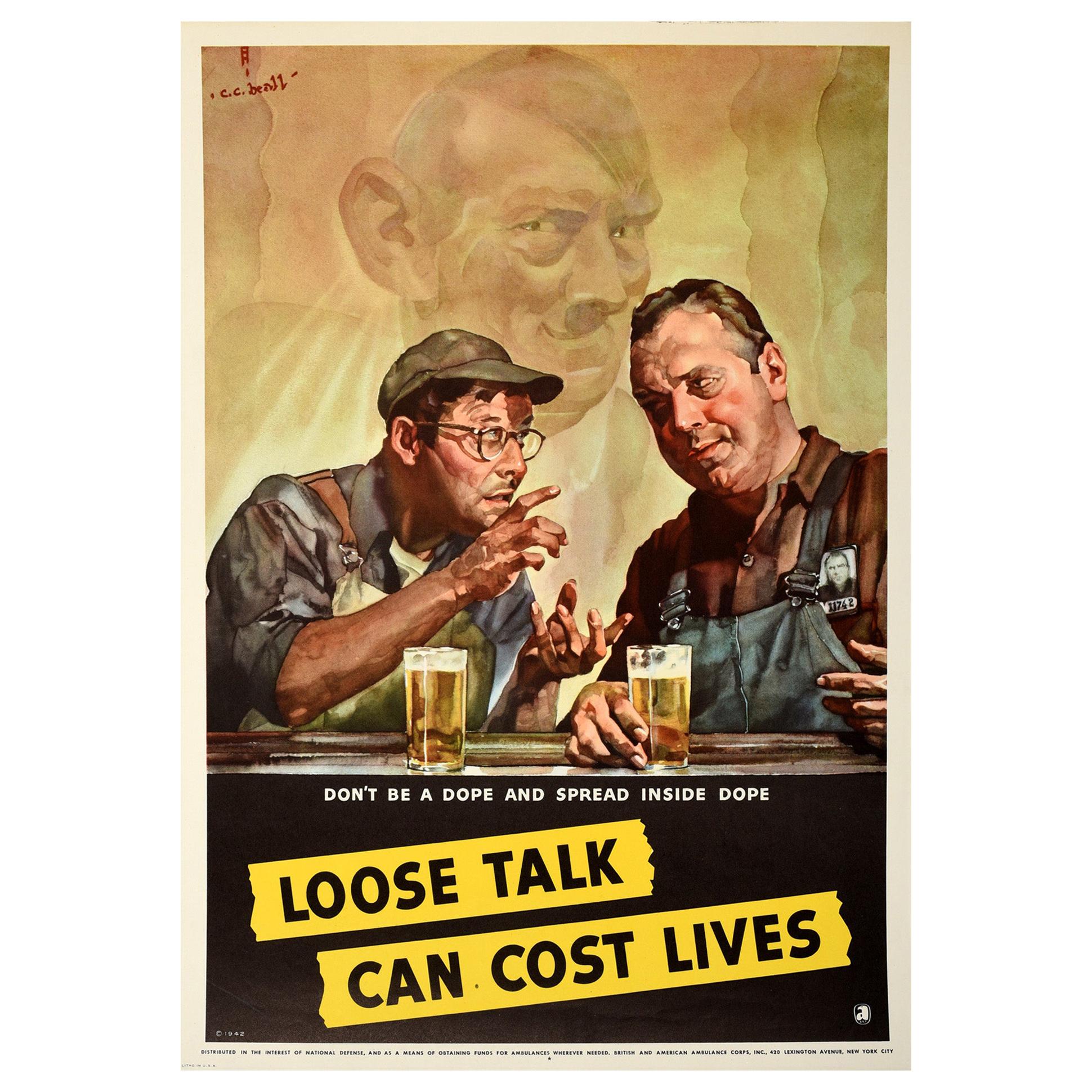 Original Vintage Poster Loose Talk Can Cost Lives Don't Be A Dope WWII Warning
